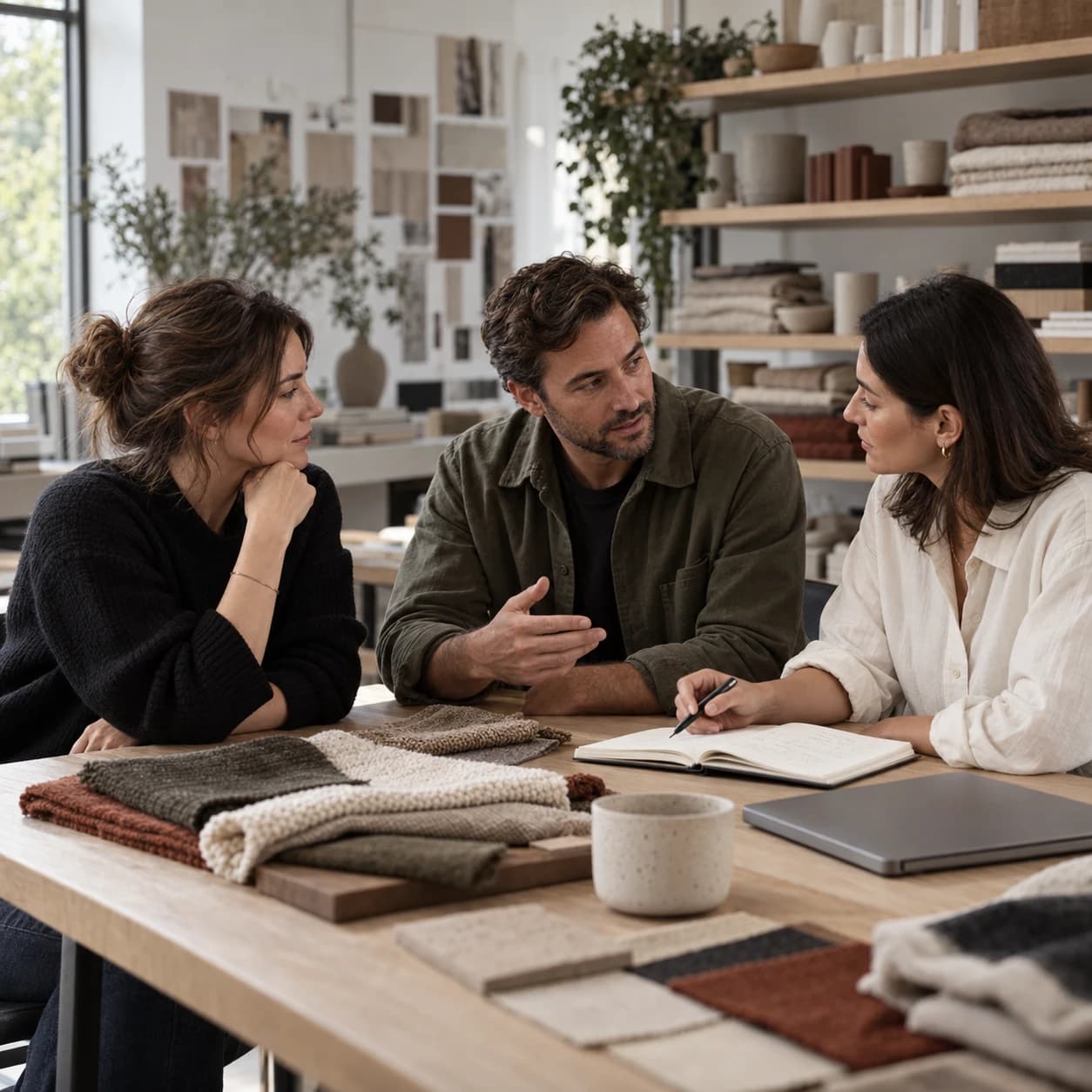 An advisor and brand operators sharing ideas around a table in a consumer brand studio