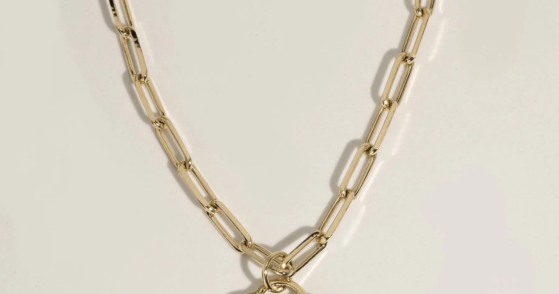 A James Michelle gold paperclip chain necklace laid flat in soft daylight.