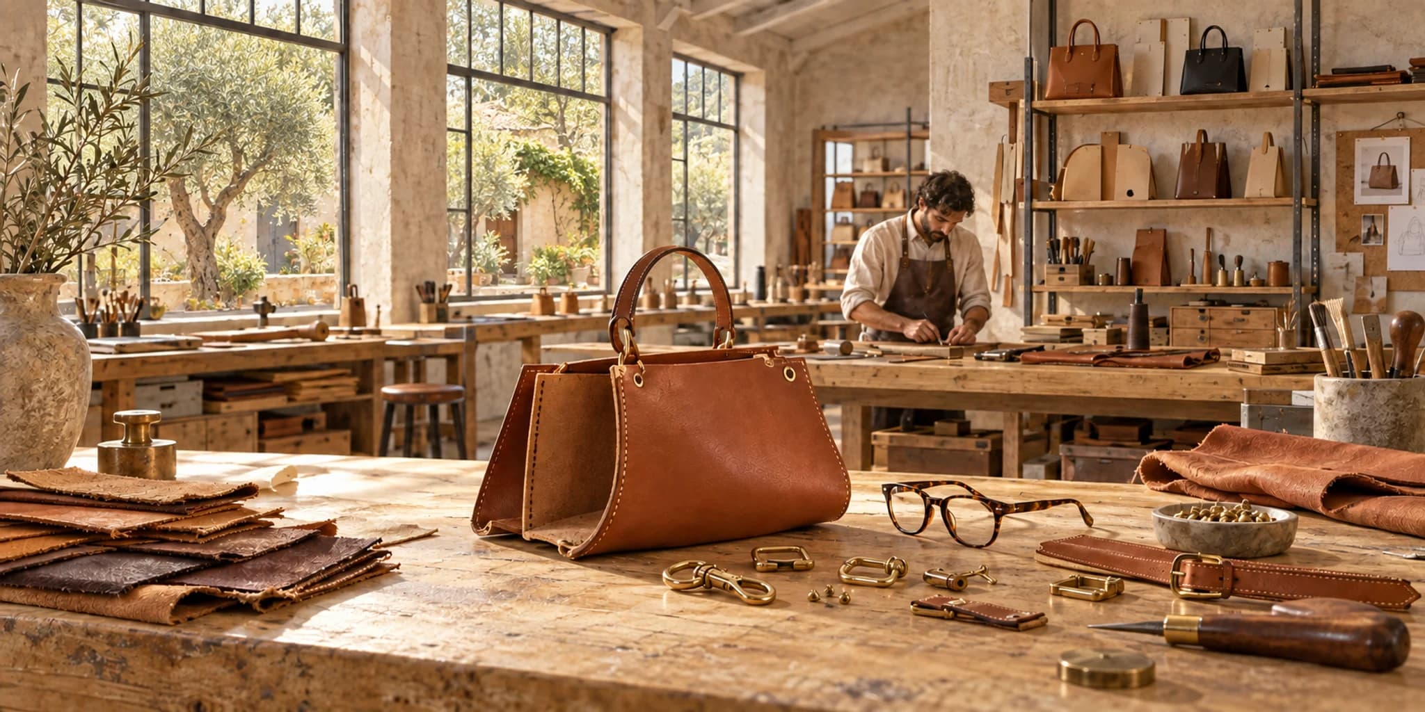 An accessories designer checking the construction of a leather bag.
