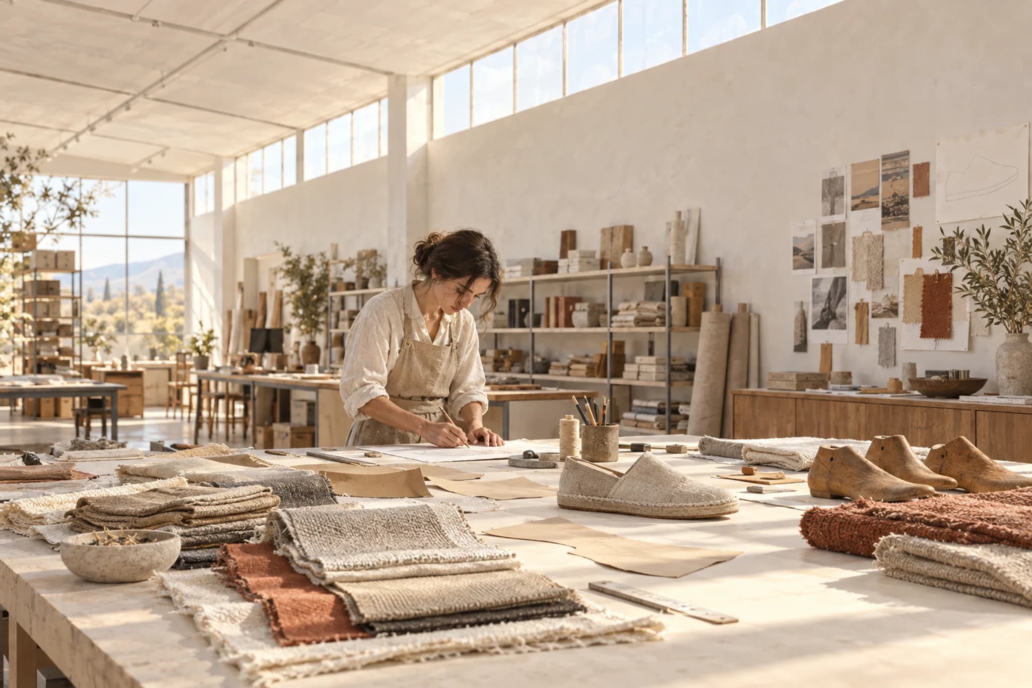 Product development studio with textile swatches, paper patterns and a footwear prototype