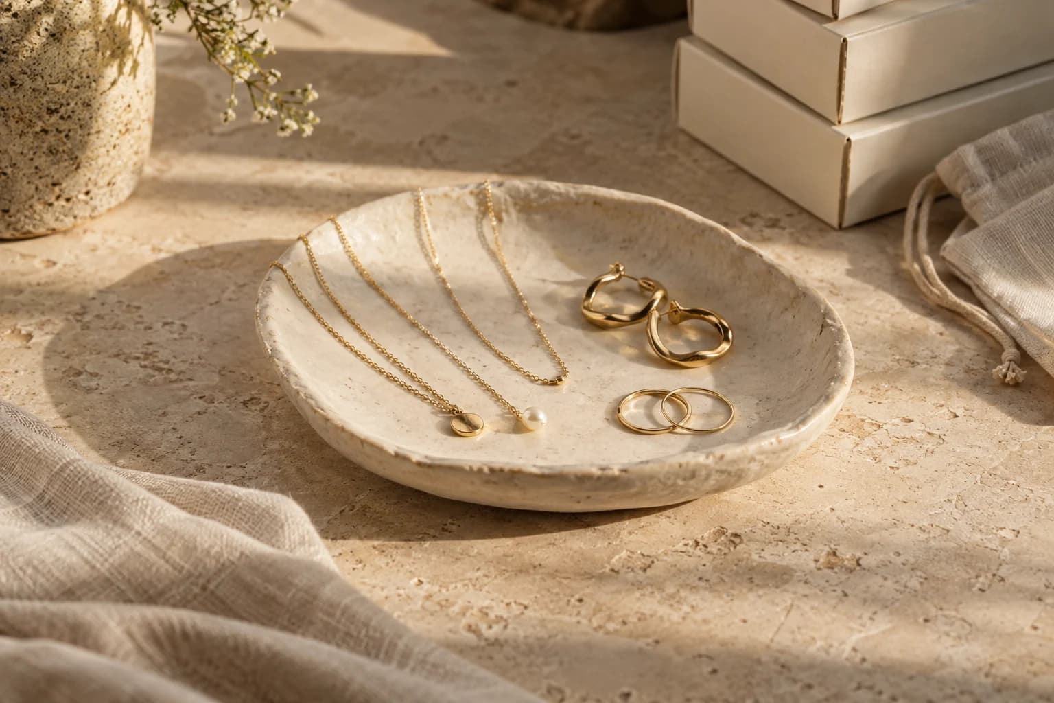 Delicate gold jewelry on a handmade ceramic dish, with linen pouches and packaging in soft natural light.