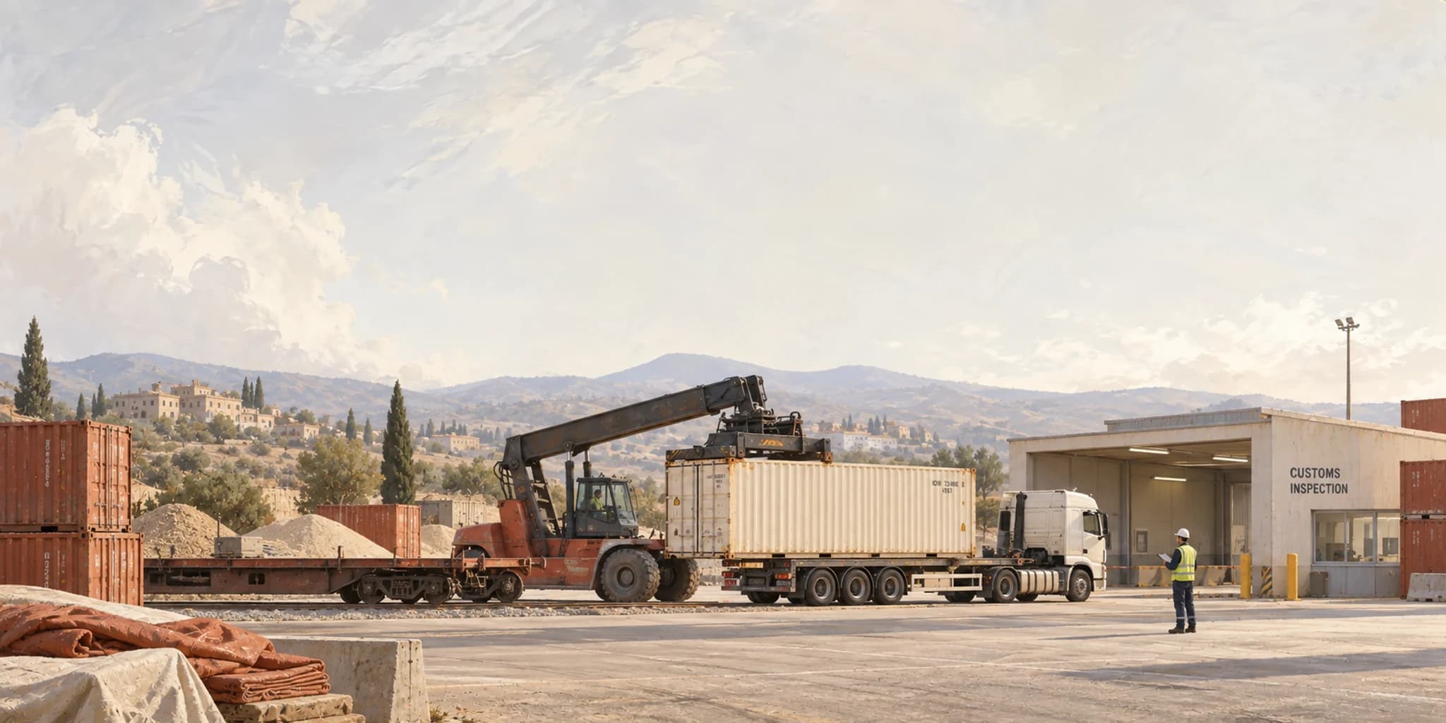 A container transferred from rail to truck at an inland freight terminal