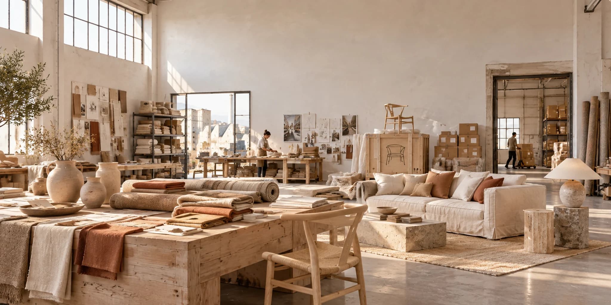 Home collection samples of ceramics and natural textiles in a sunlit studio.