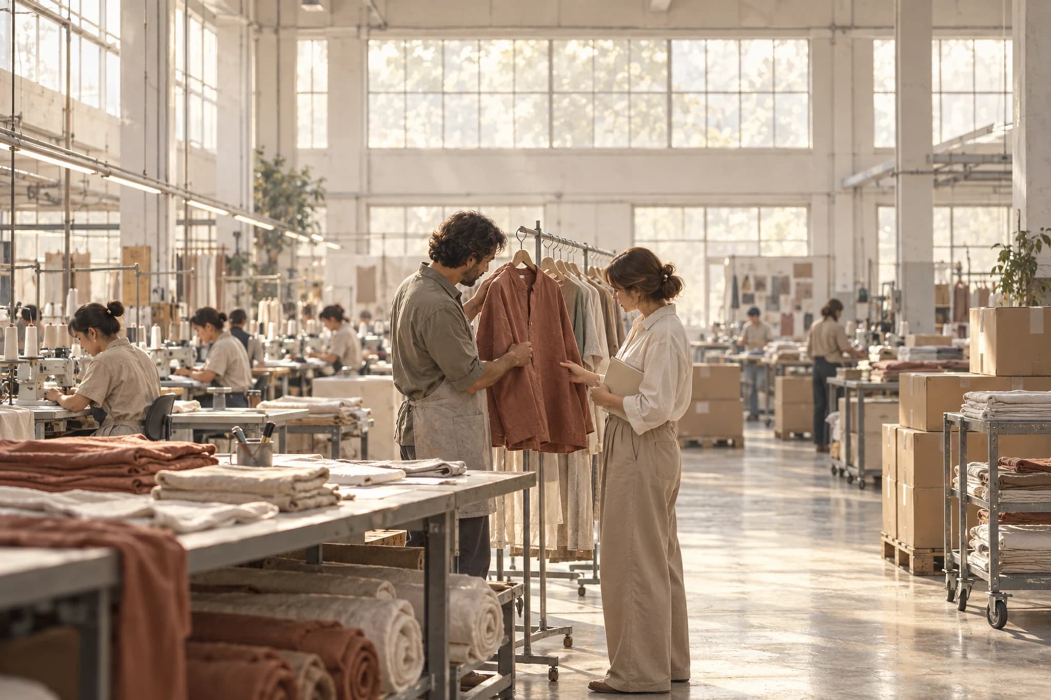 Brand and factory partners checking a garment sample beside the production floor