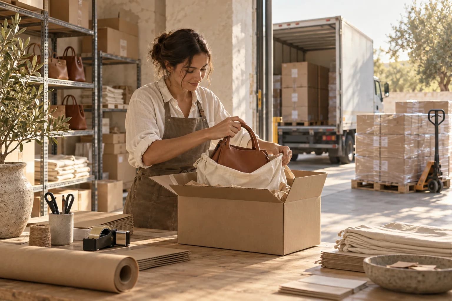 An accessories shipment being packed with handbags in cotton dust bags.
