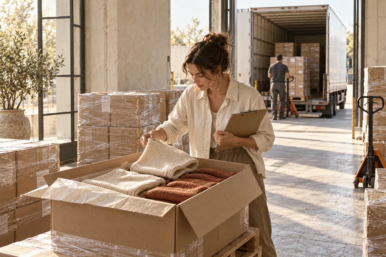 A logistics coordinator checking cartons of knitwear at a warehouse loading bay.