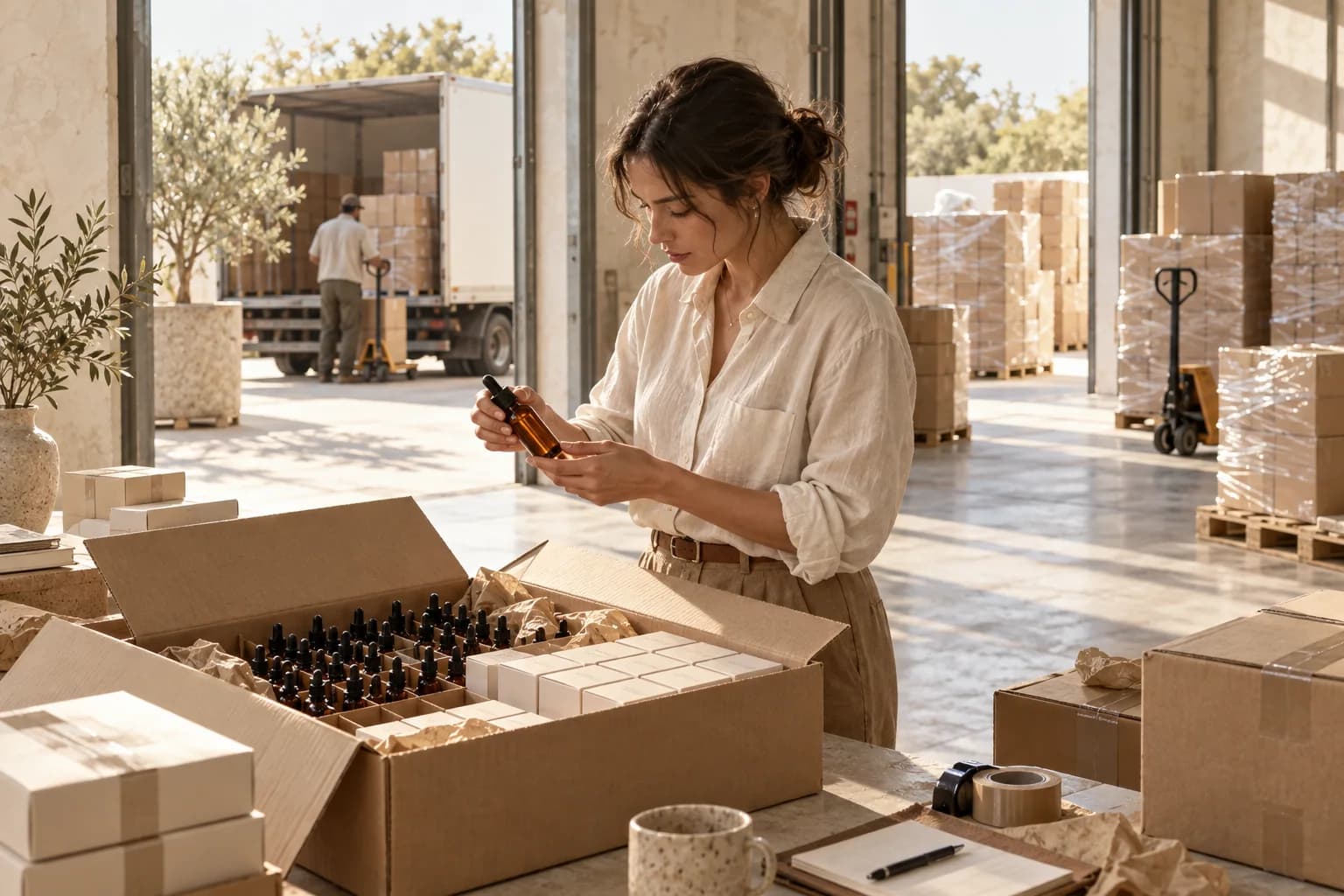A skincare shipment being checked before departure from a distribution warehouse.