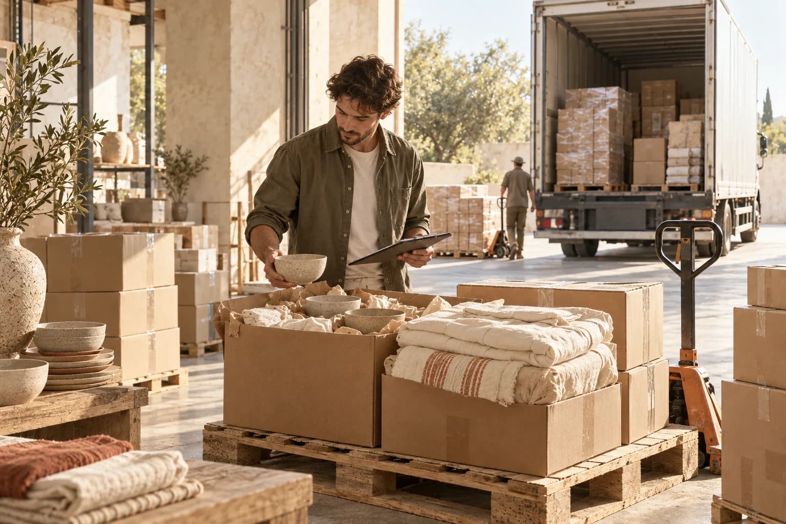 A homewares shipment of ceramics and bedding being checked at a warehouse loading bay.