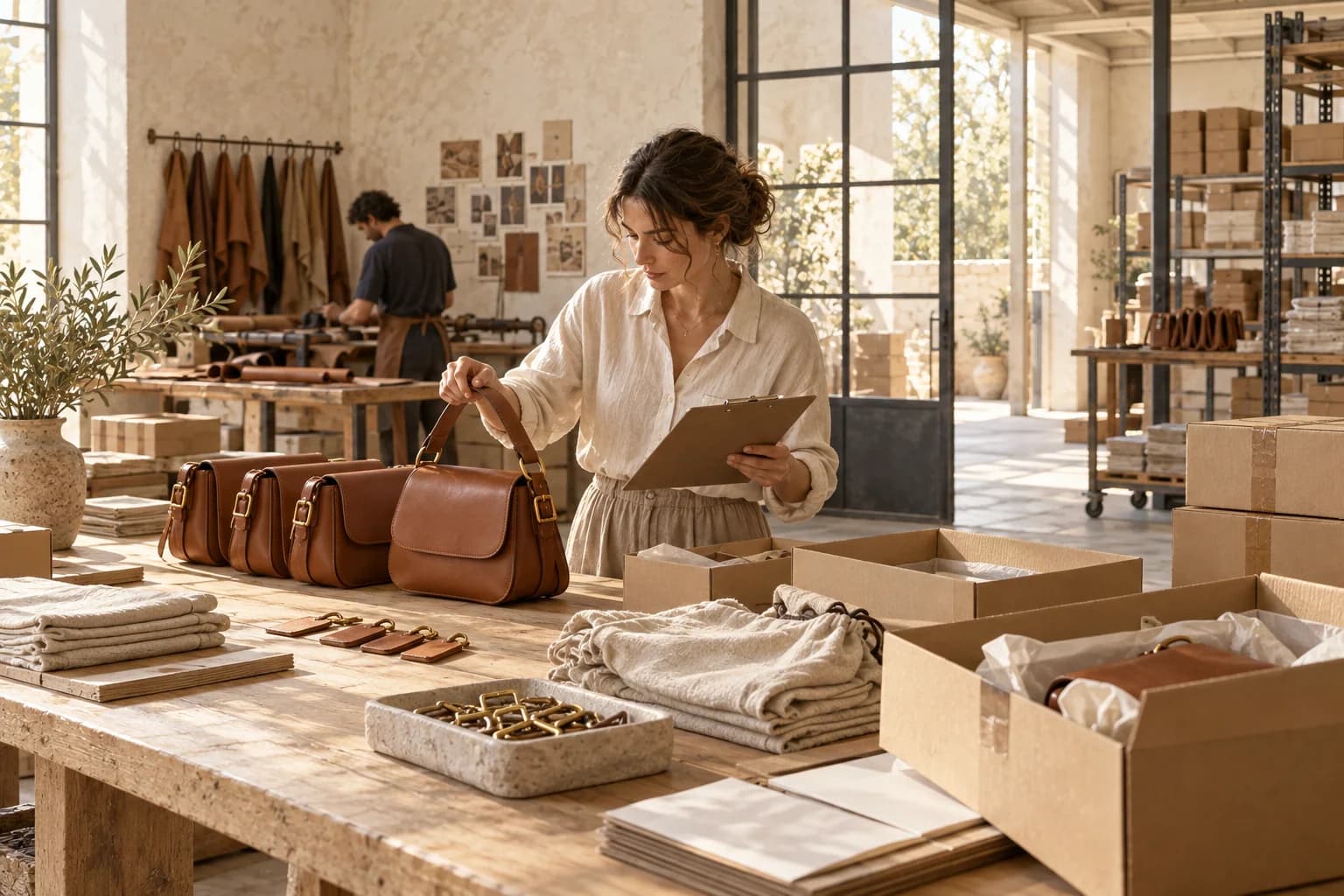 An accessories coordinator checking a batch of handbags against a purchase order.