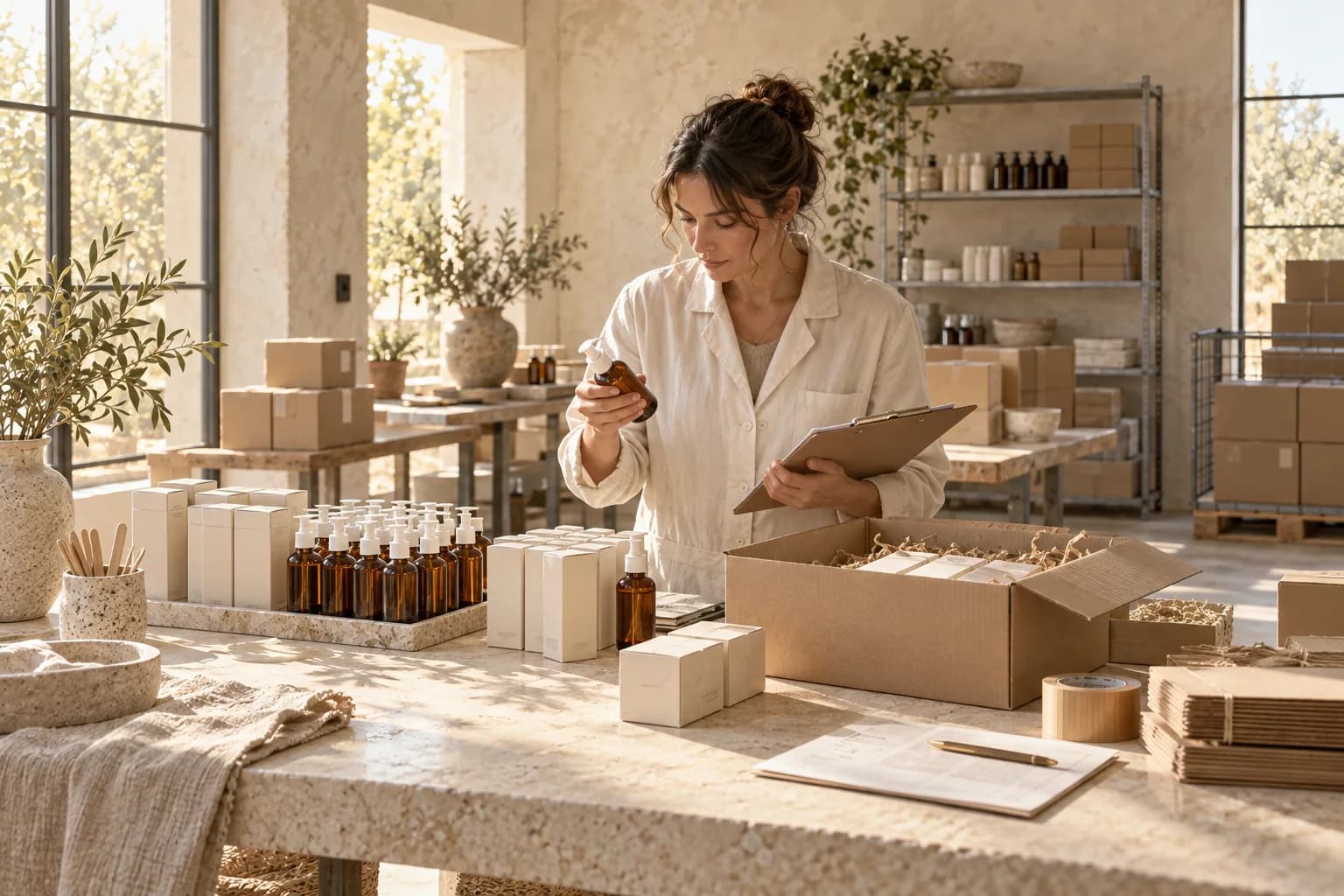 A cosmetics coordinator checking a batch of serum bottles and cartons.