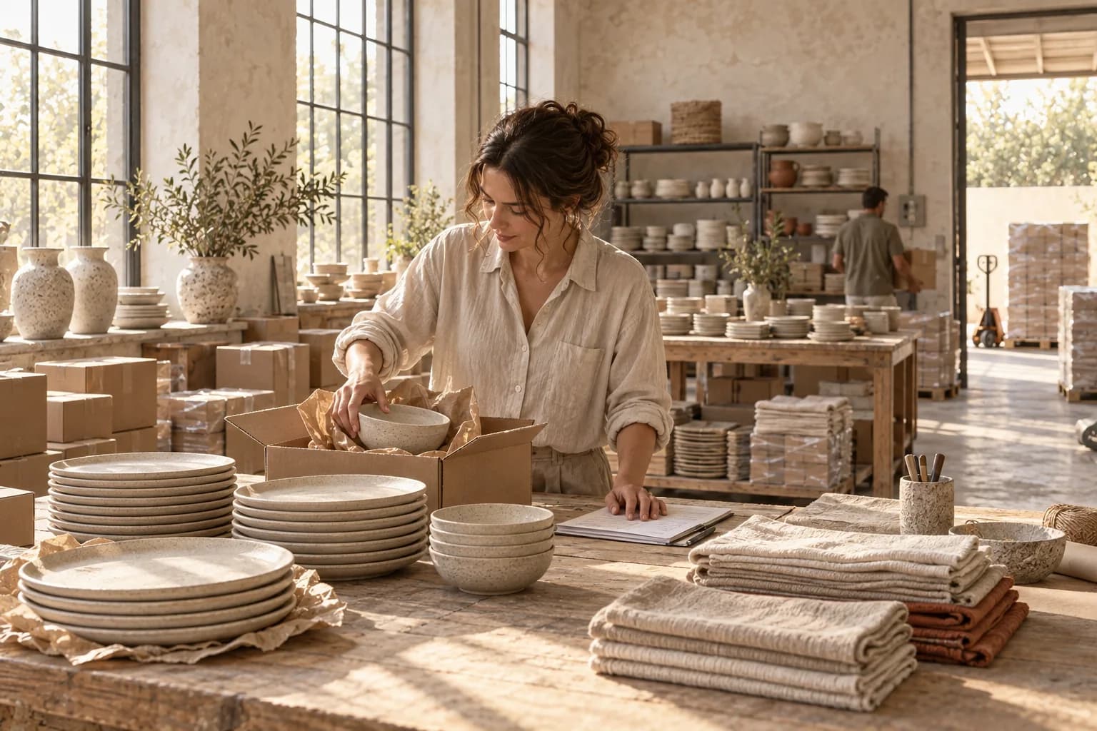 A homewares coordinator checking ceramic and linen production batches.