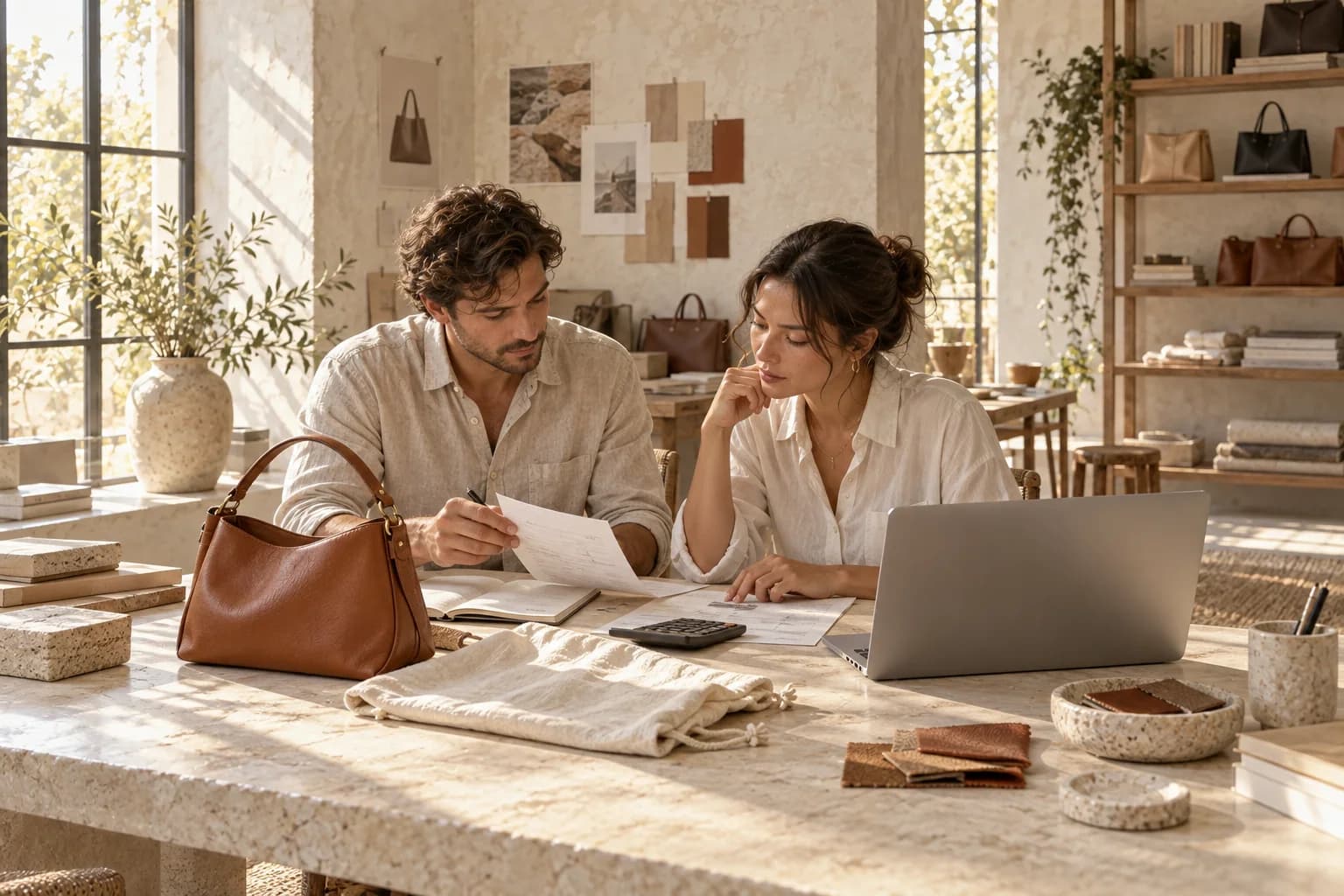 Accessories colleagues matching a bag delivery with its invoice and payment paperwork.