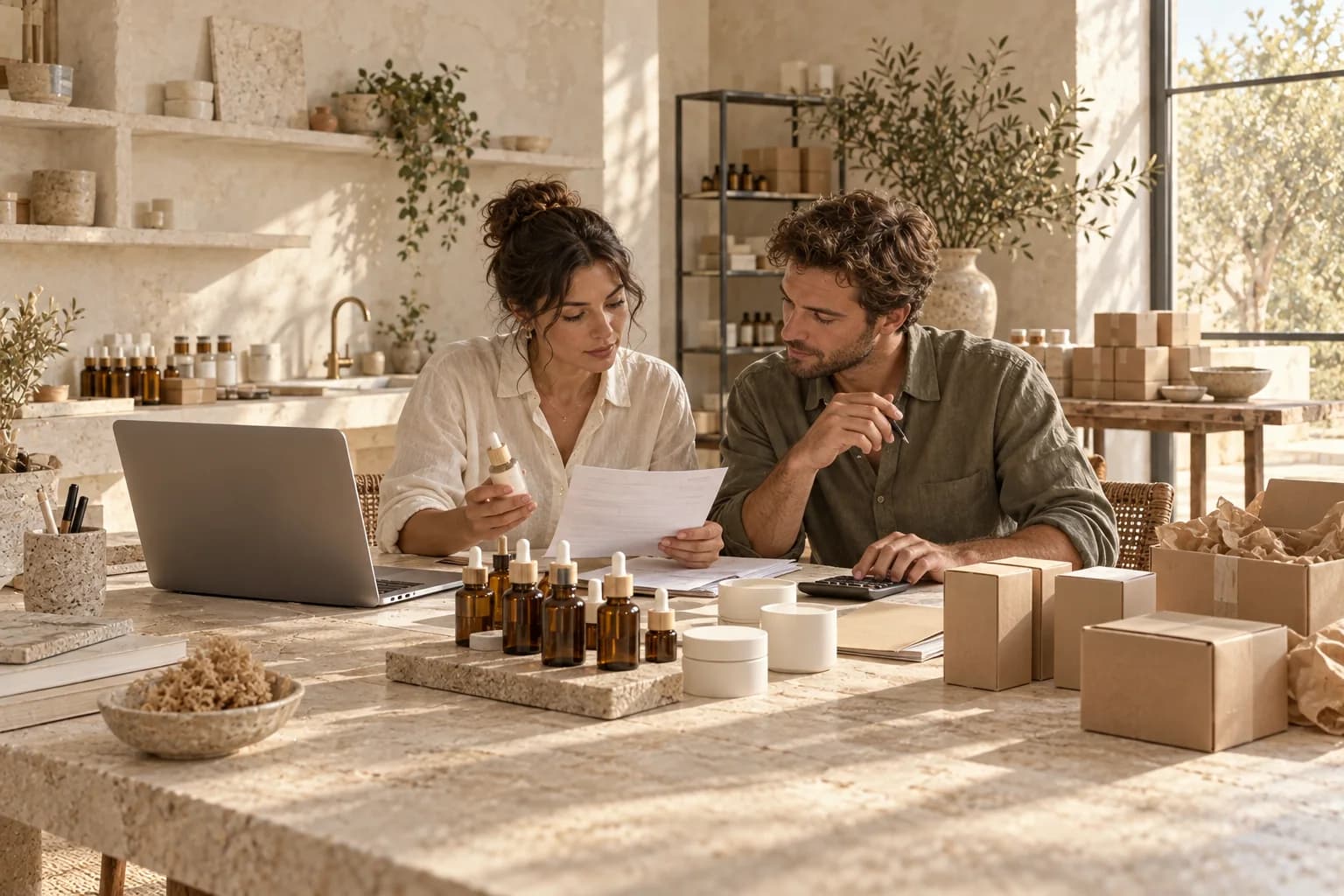 Beauty colleagues matching a skincare delivery with supplier payment documents.