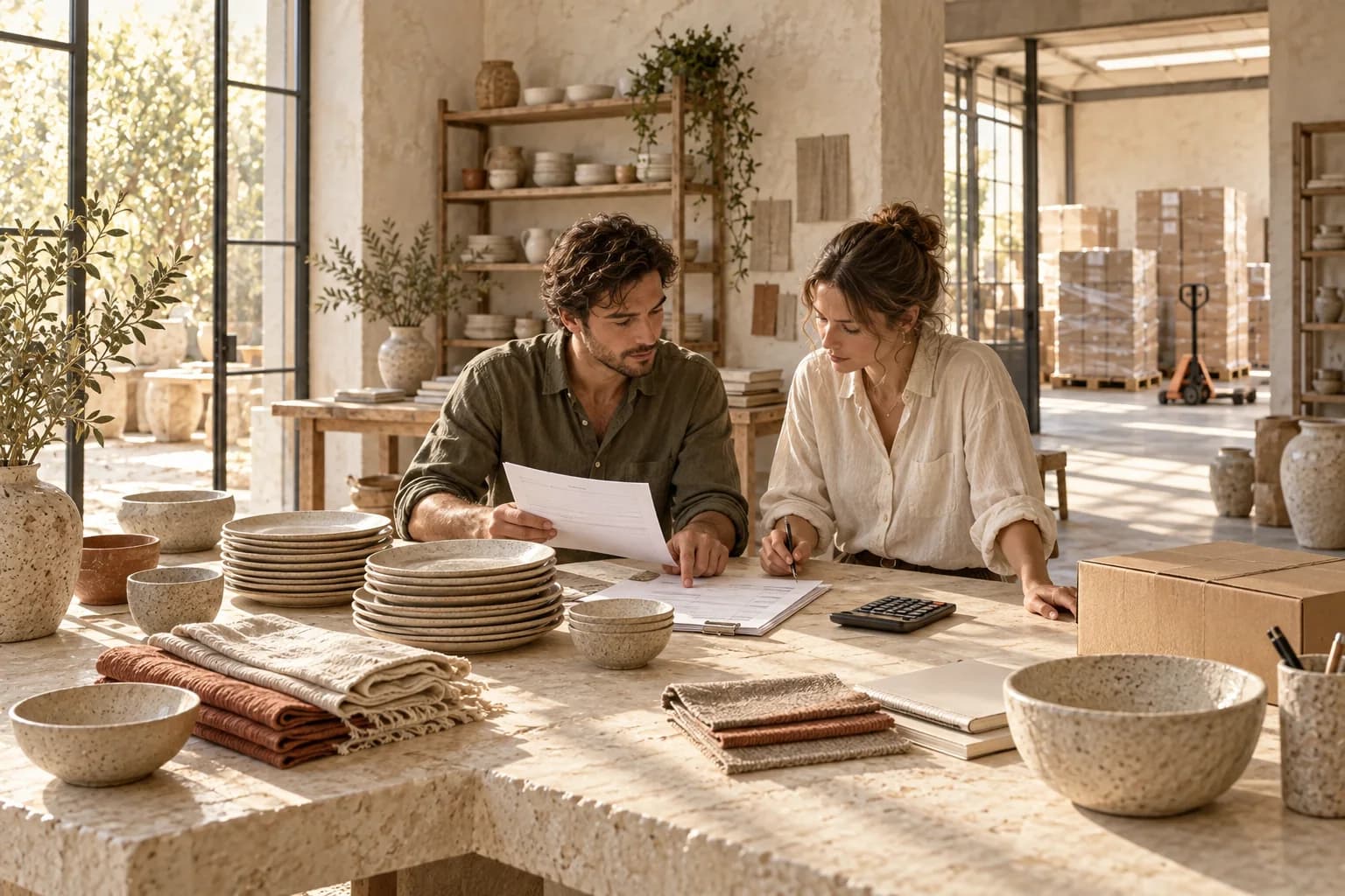 Homewares colleagues matching ceramic and linen deliveries with supplier invoices.
