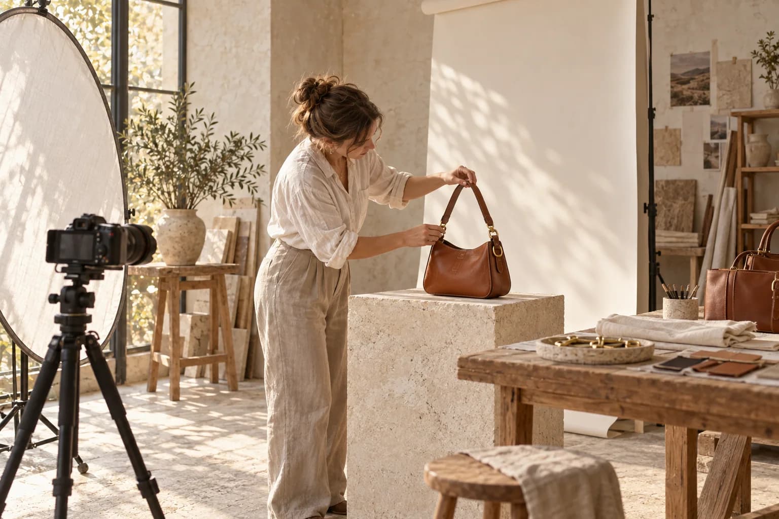 A photographer preparing a leather handbag for catalog photography.