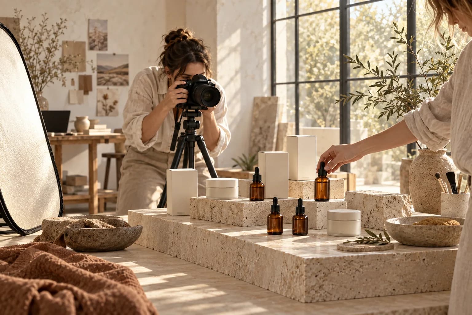 A photographer arranging skincare bottles and packaging for a product catalog.