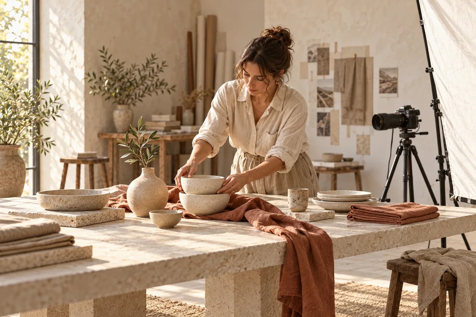 A stylist arranging ceramics and linen for product photography.