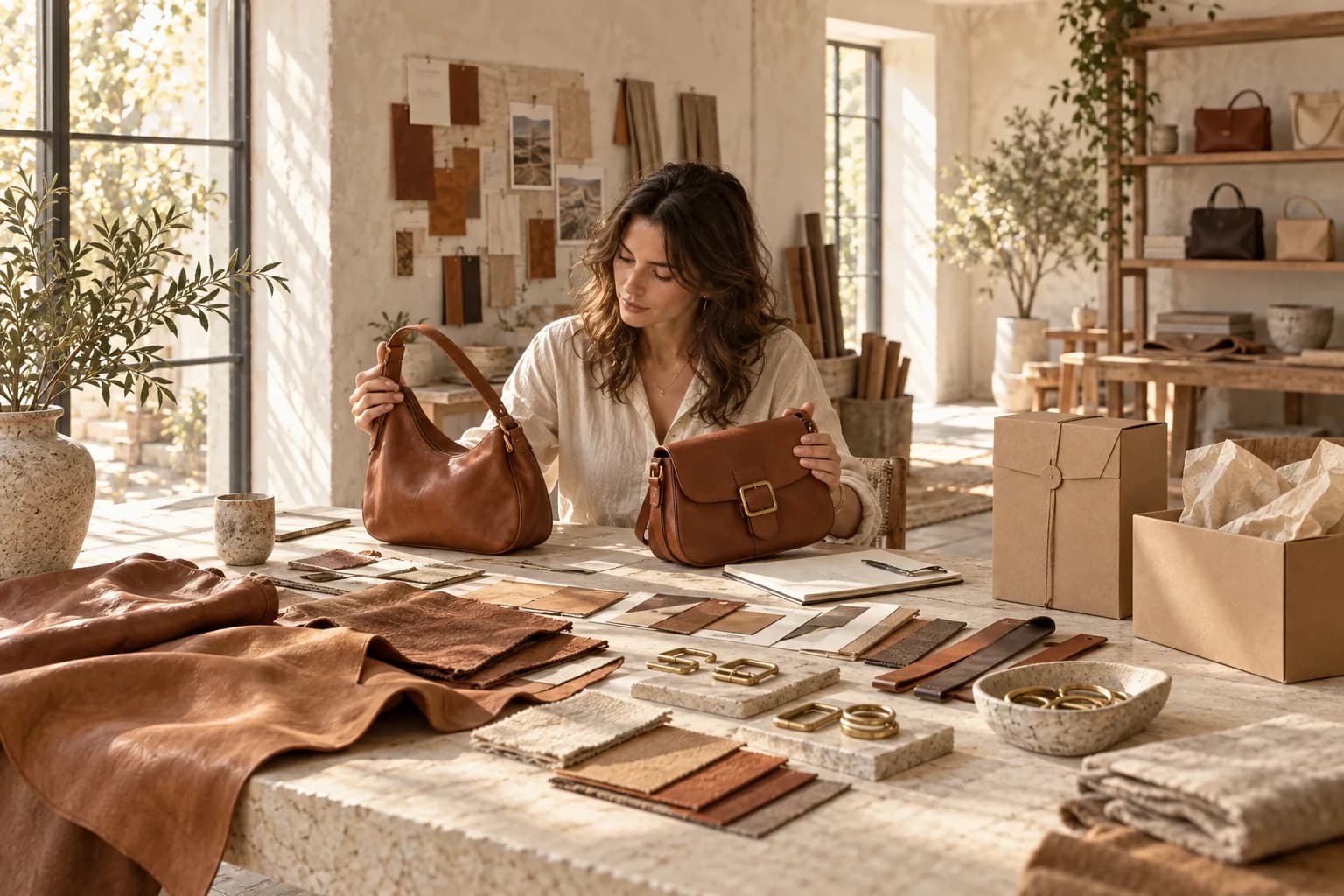 An accessories buyer comparing leather, hardware and packaging options.
