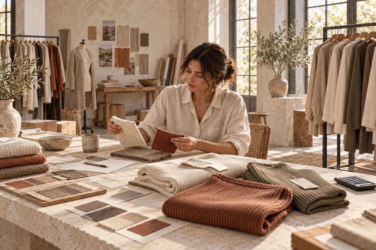 An apparel buyer comparing knitwear samples and supplier quotes.