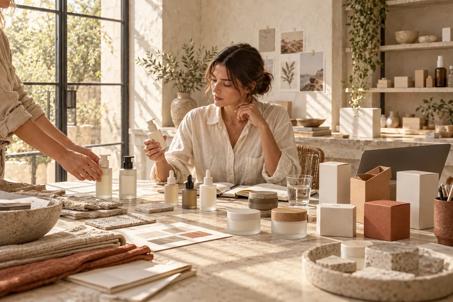 A beauty buyer comparing serum bottles, pumps and carton options.