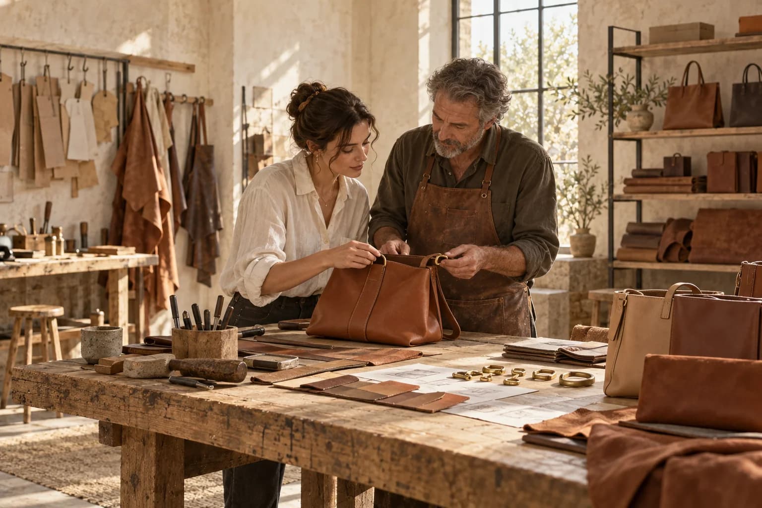 An accessories founder and a leather workshop partner reviewing a handbag sample.