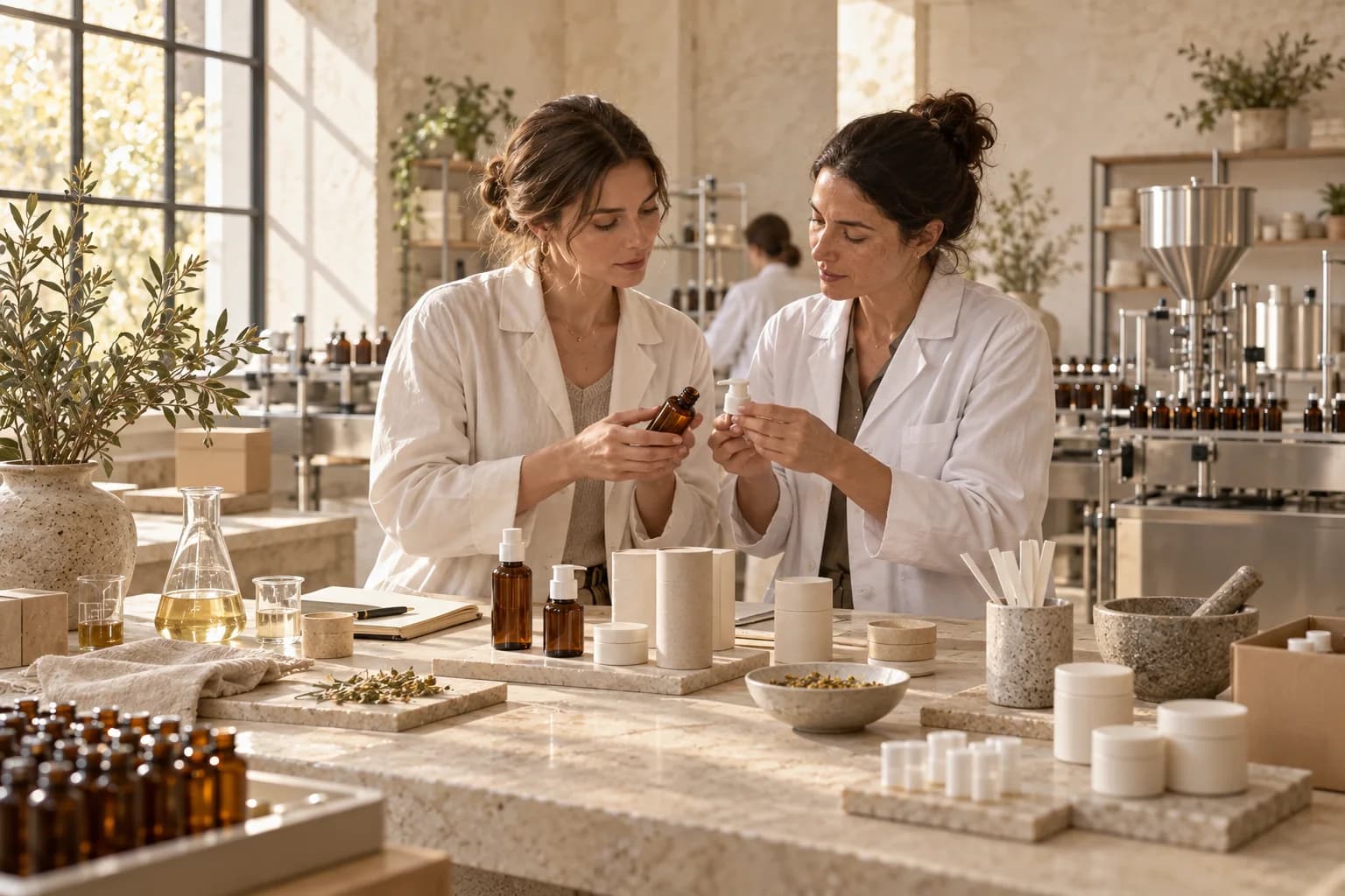 A beauty founder reviewing serum bottles and pump components with a cosmetics manufacturer.