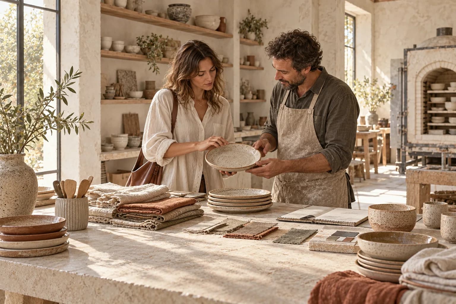 A homewares buyer reviewing ceramic and linen samples with their manufacturing partner.