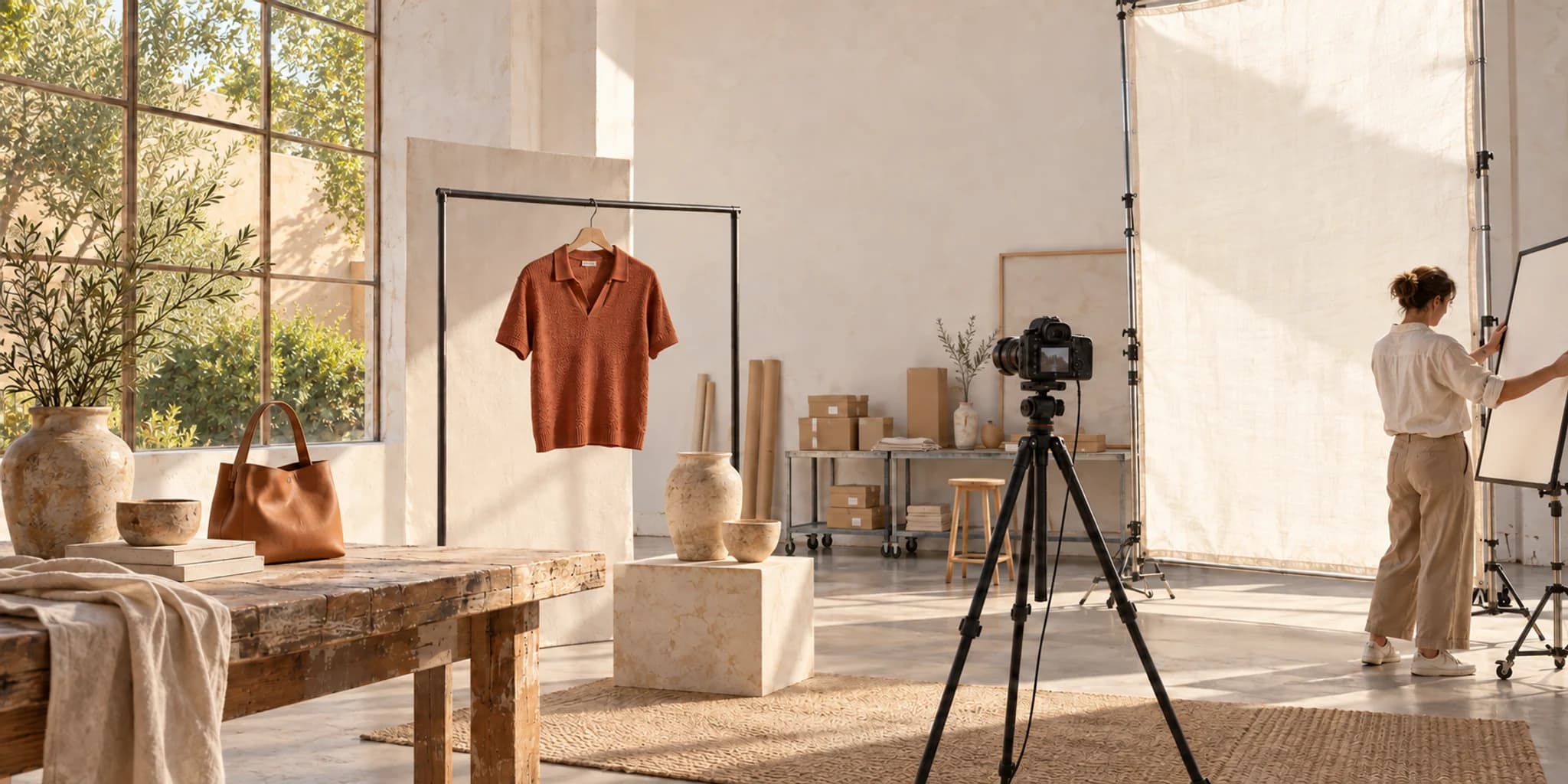 Finished apparel prepared for product catalog photography.