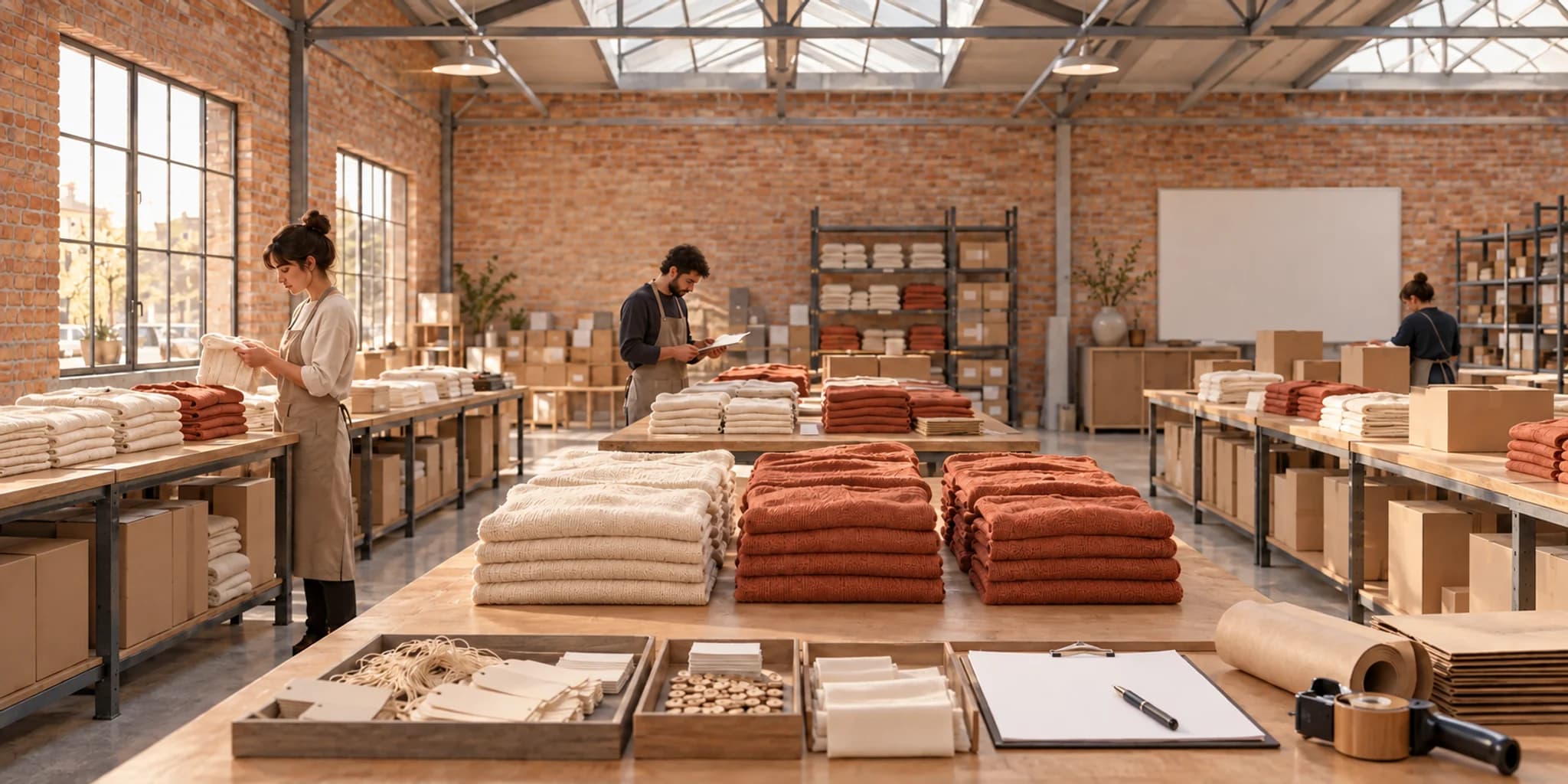 Garments grouped into production batches with packing materials and dispatch cartons