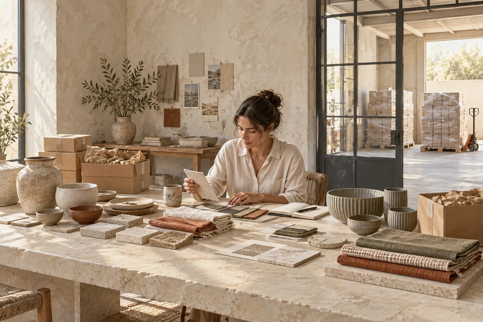 A sourcing team comparing ceramic samples, textiles and packaging from different makers