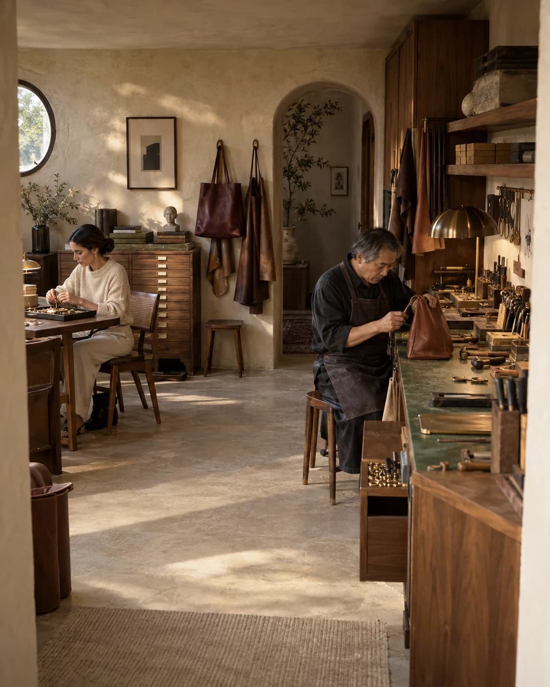 Leather and jewelry artisans at individual benches in an intimate walnut and plaster accessories studio.