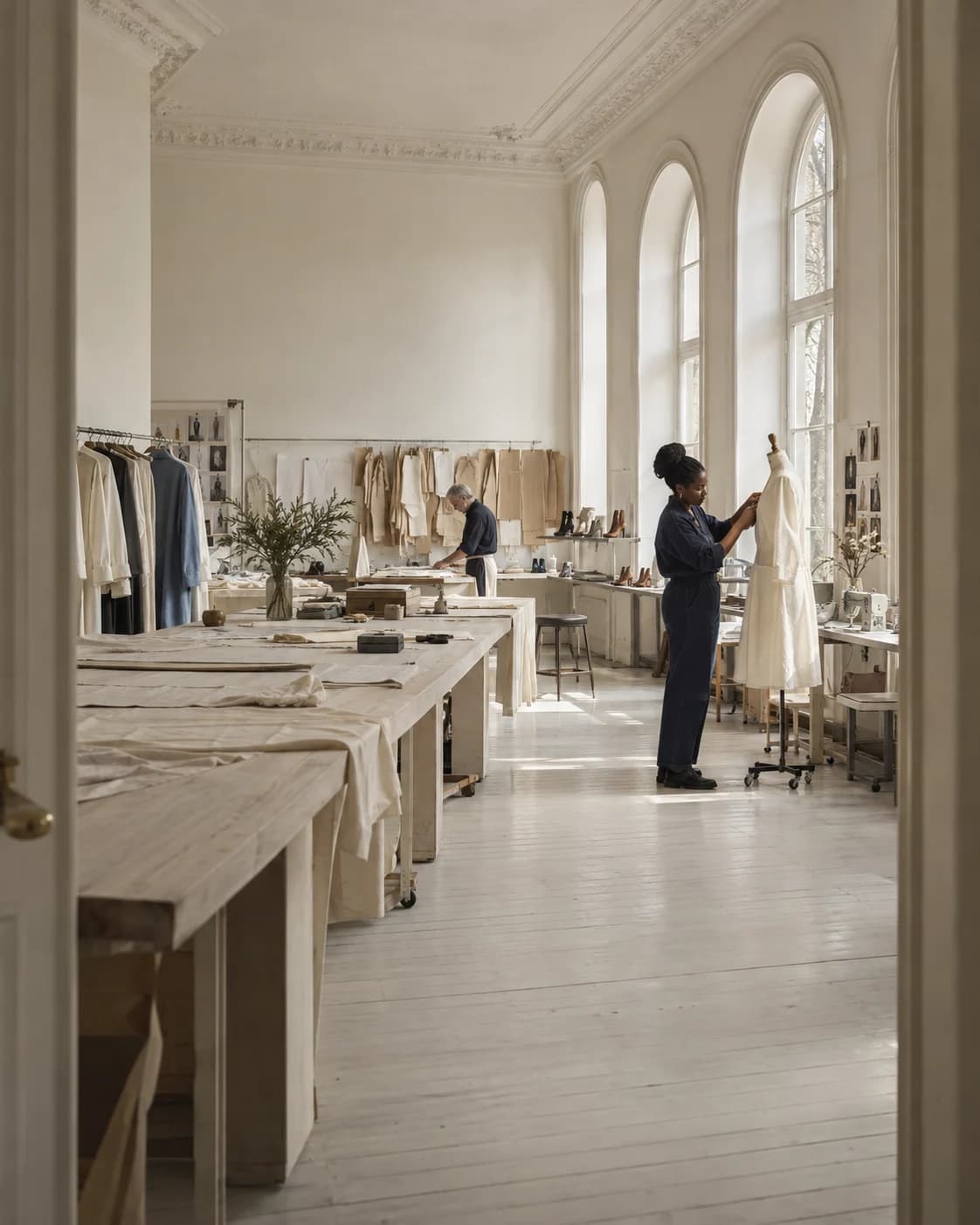 Designers developing a collection in an airy garment atelier with arched windows and a long cutting table.