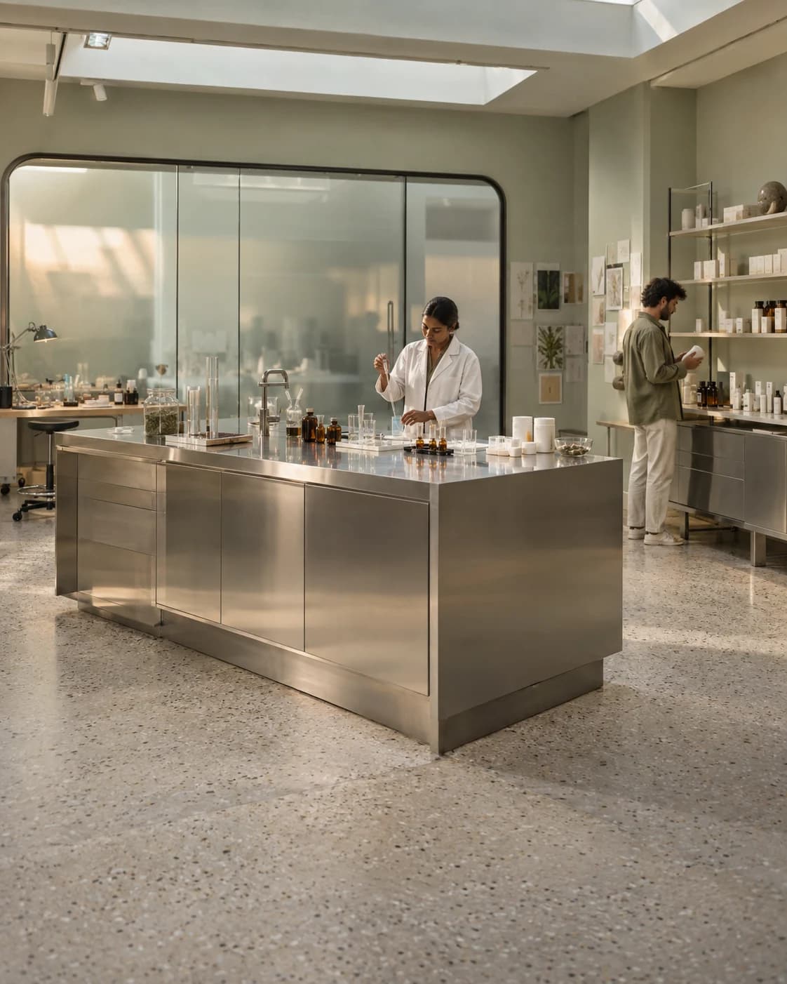A chemist testing a formula and a colleague reviewing packaging in a pale sage and stainless steel beauty lab.