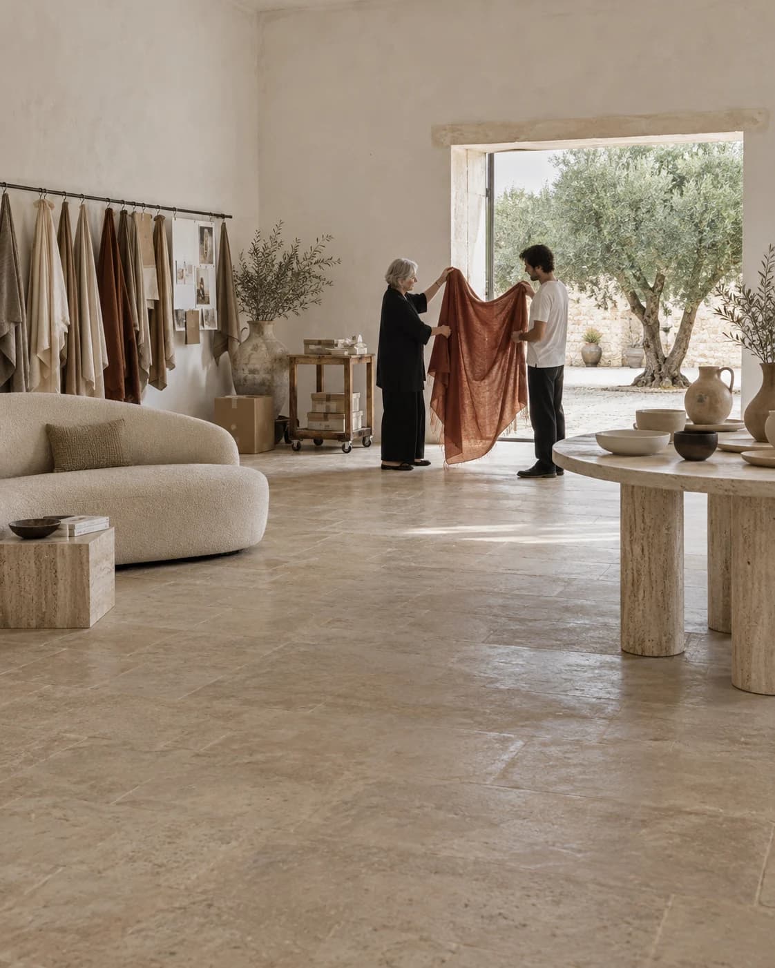 Home goods designers considering a linen drape in a limestone collection studio opening onto an olive courtyard.