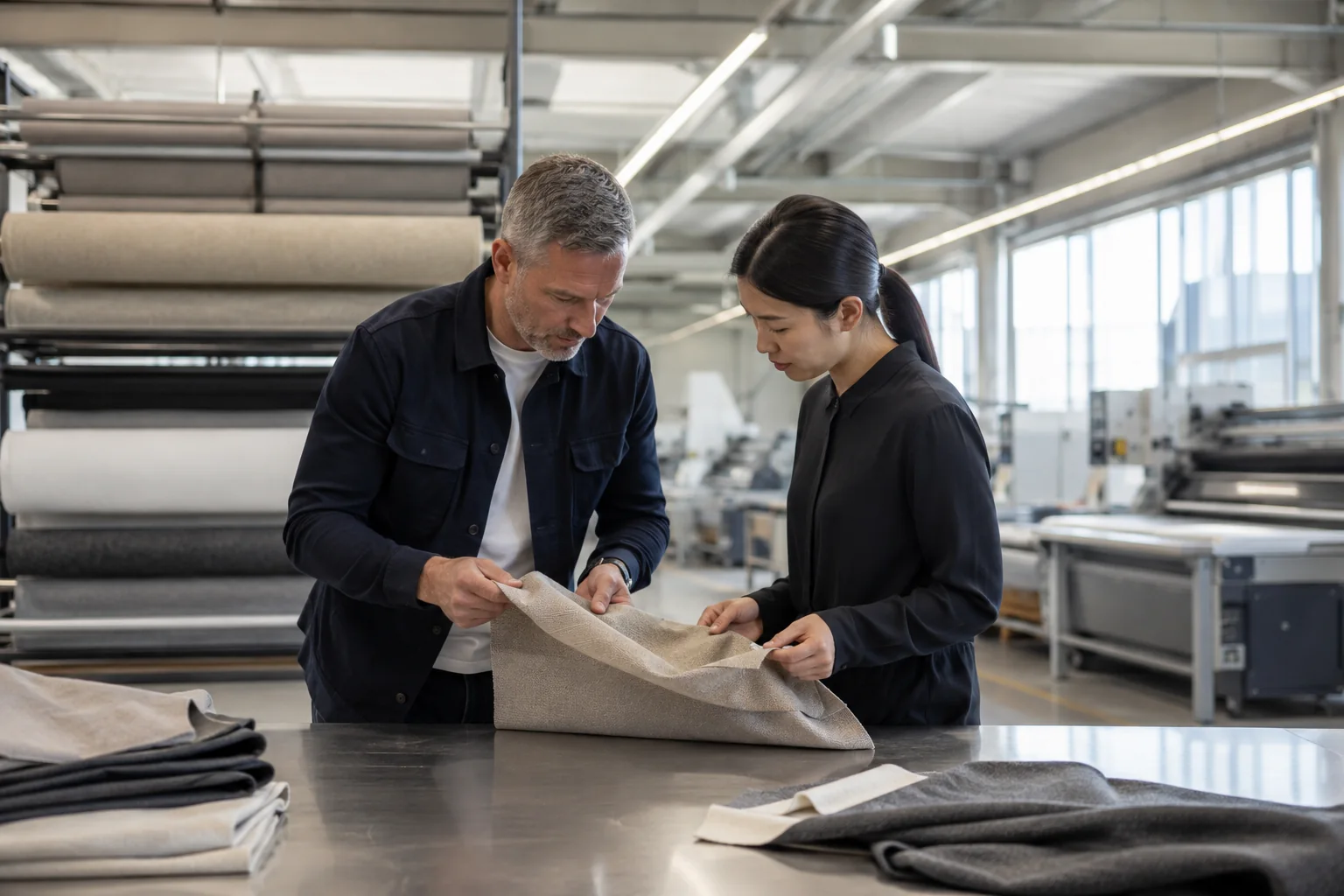 Factory lead and sourcing manager reviewing a textile sample