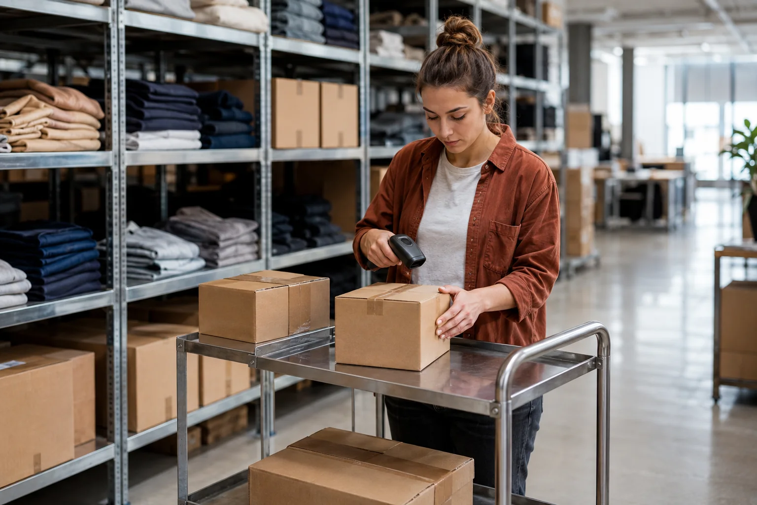 An operator scanning cartons beside organized inventory in a bright warehouse.