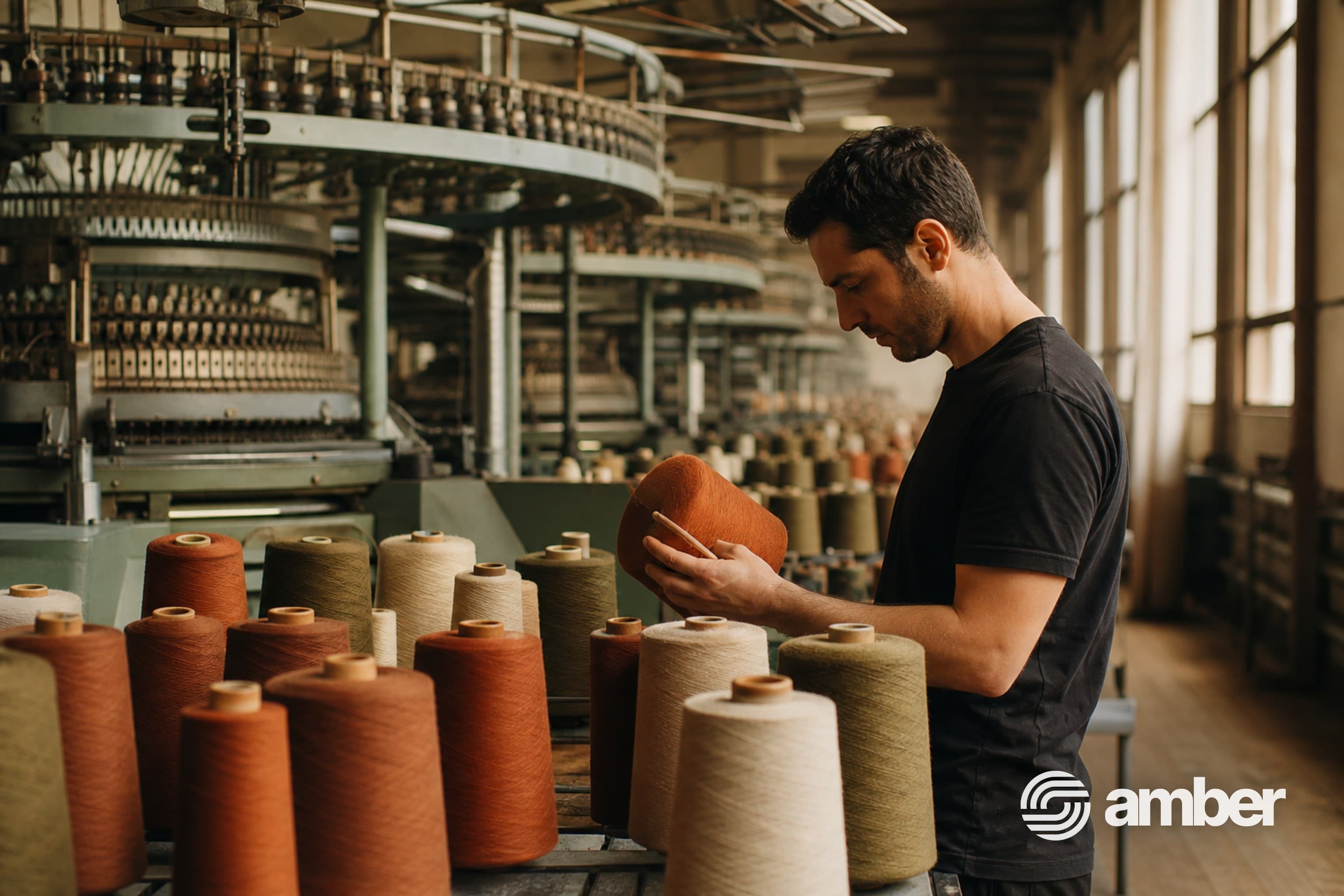 Technician inspecting rust and cream yarn cones at a knitting mill, watermarked with the Amber lockup