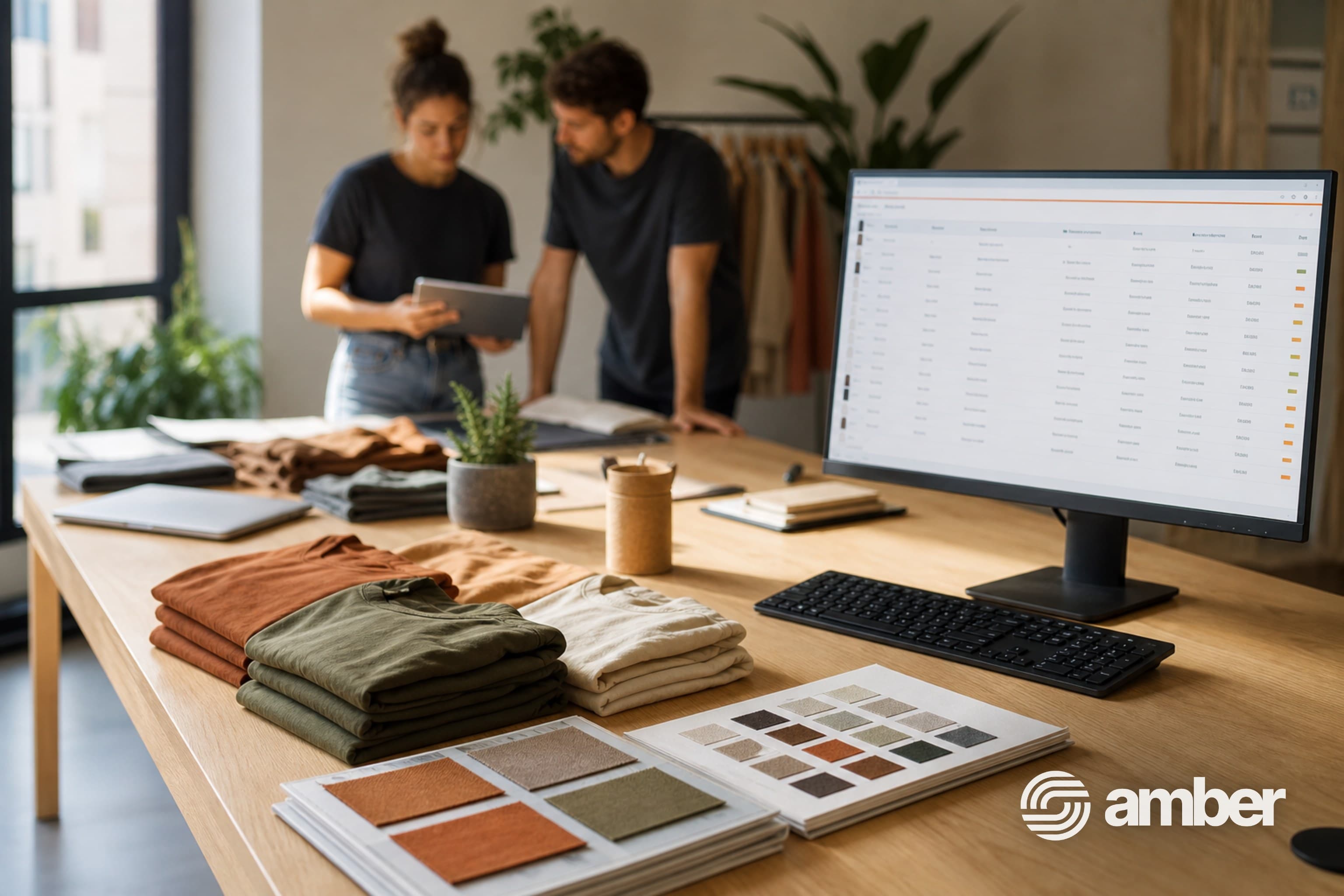 Amber operations office with fabric swatches and Amber on screen, watermarked with the Amber lockup