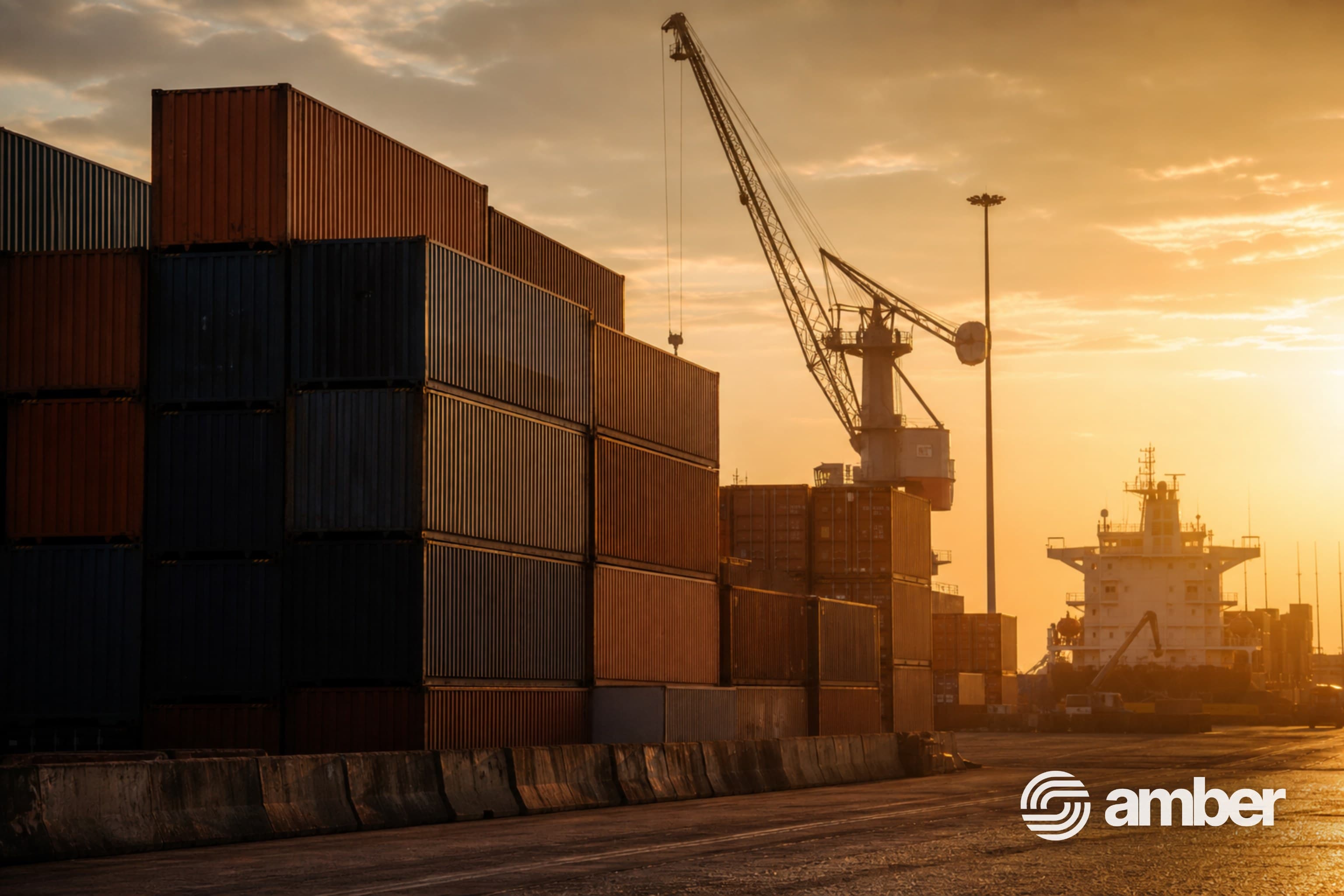 Container port at golden hour, watermarked with the Amber lockup