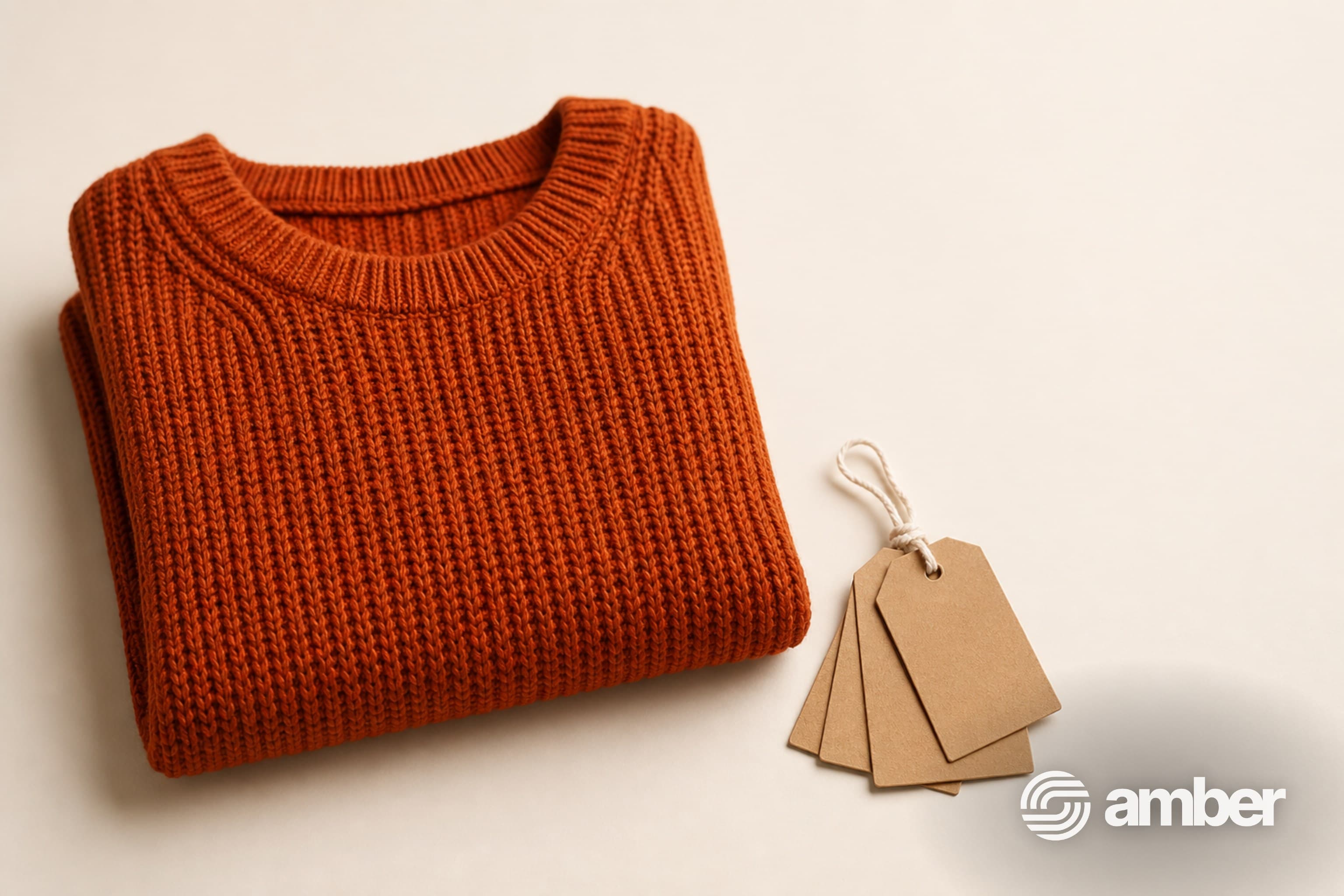 Folded rust knit sweater with kraft hang tags, watermarked with the Amber lockup