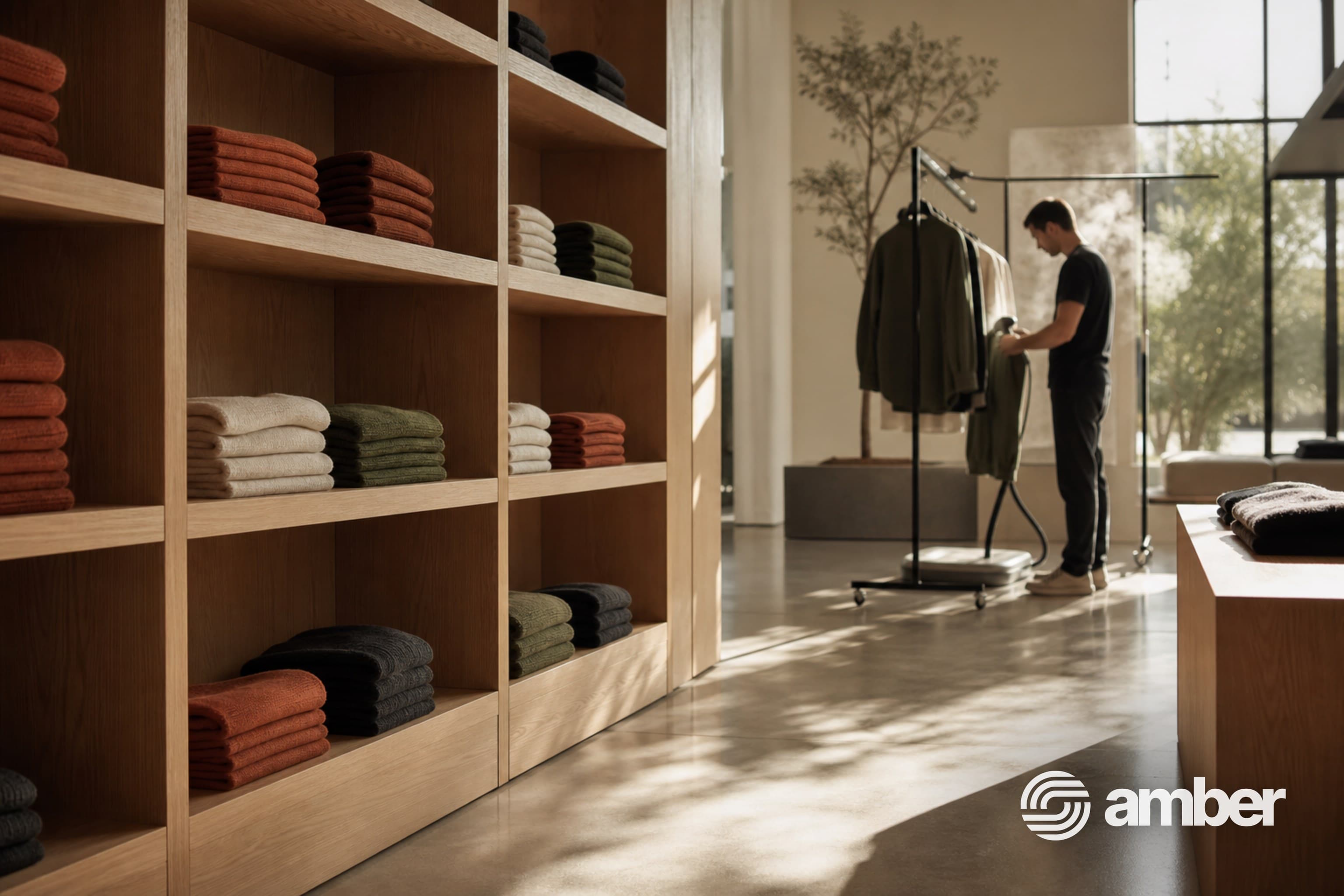 Minimal retail store with folded knitwear on oak shelving at opening hour, watermarked with the Amber lockup