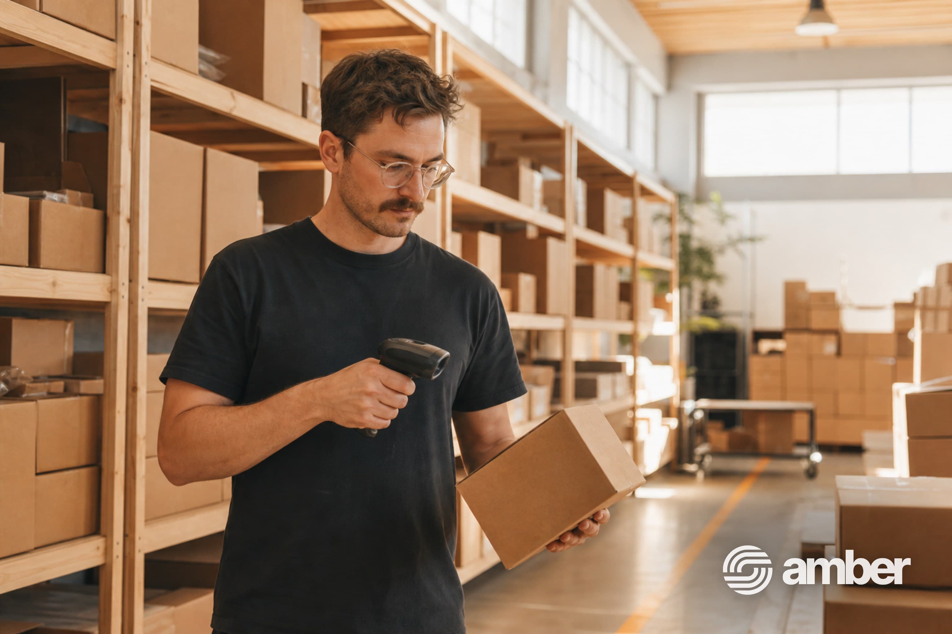 Fulfillment associate scanning a kraft box in a sunlit warehouse, watermarked with the Amber lockup