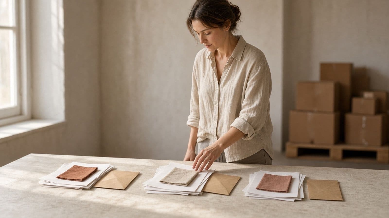 An operator at a long limestone table reviewing three separate clusters of paperwork and fabric swatches in morning light.