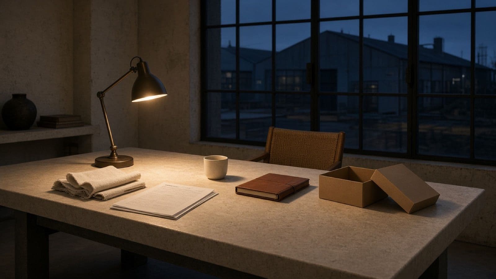 A quiet operations room at dusk with a single desk lamp lighting purchase order paperwork, fabric swatches and a sample box.