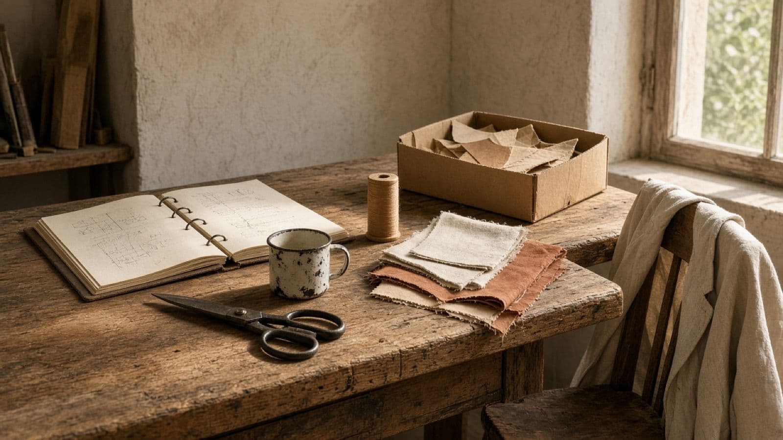 A worn oak workbench in a garment atelier with an open production notebook, shears, thread, fabric swatches and a linen jacket on the chair.