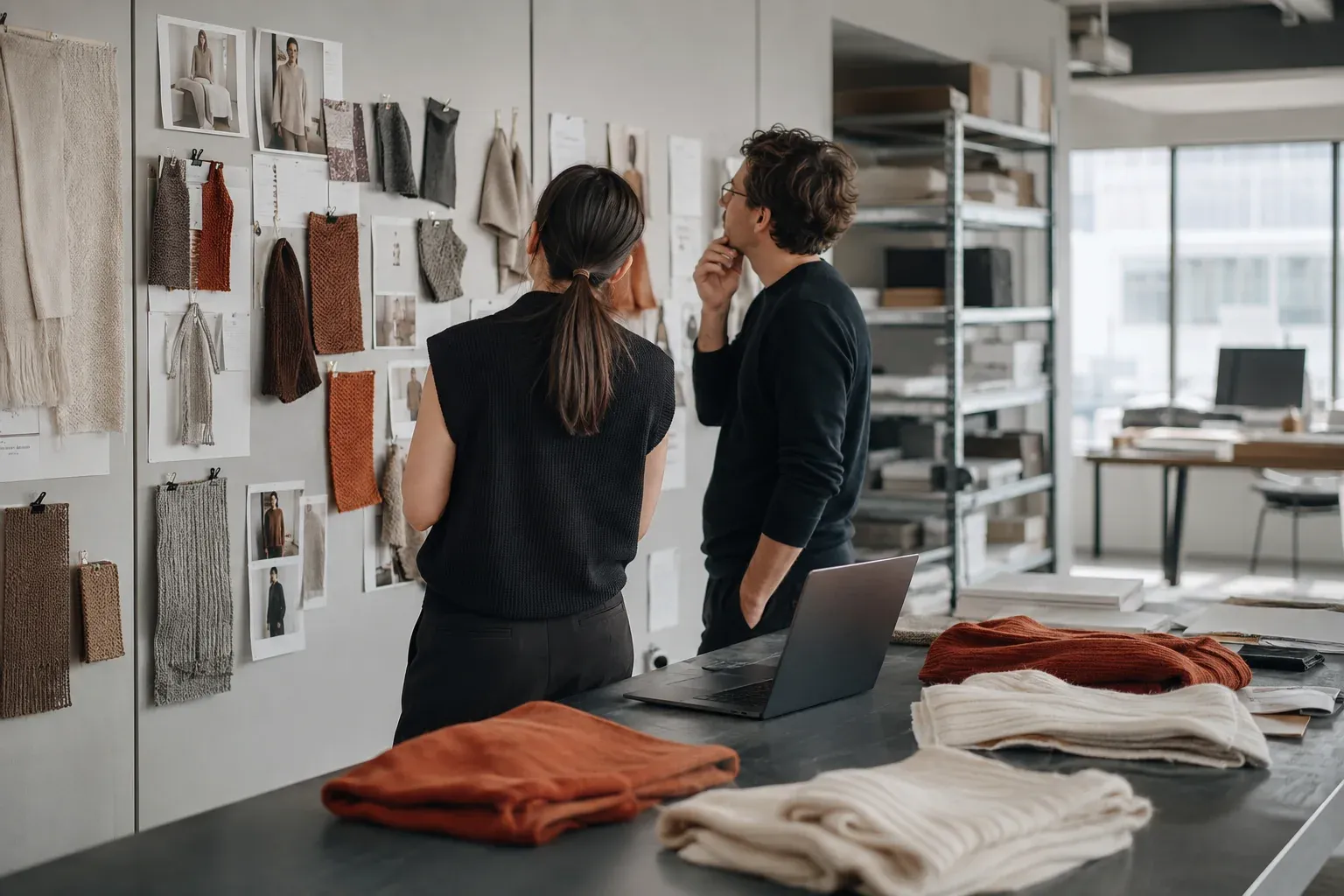 Two product developers reviewing material swatches and an assortment board.