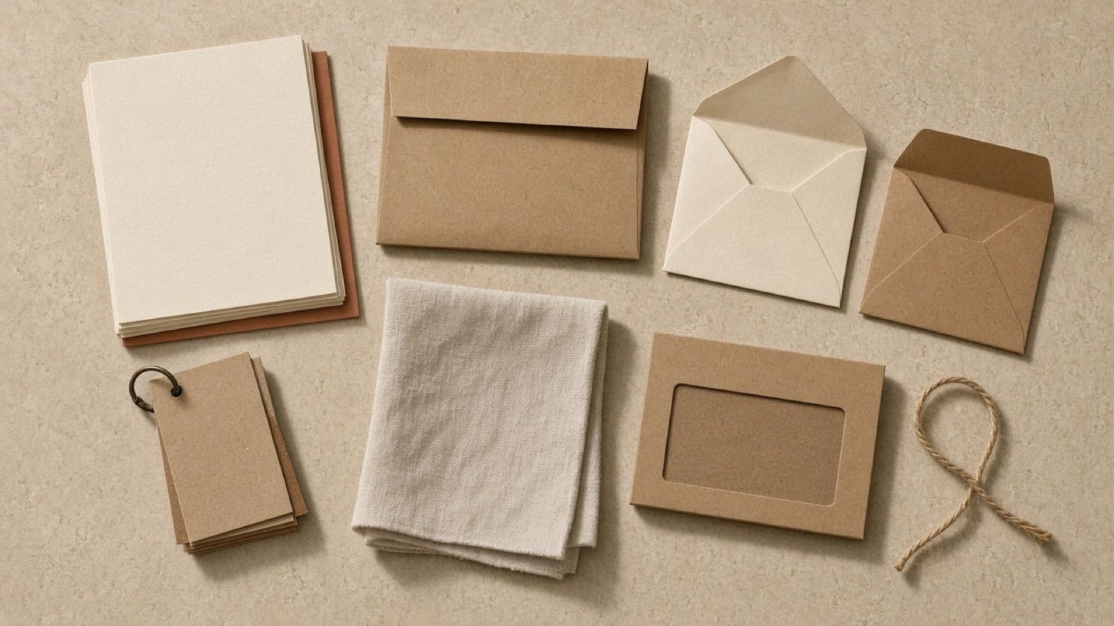 An overhead arrangement of documents, envelopes, a linen swatch, sample tags and twine gathered into one tidy cluster.