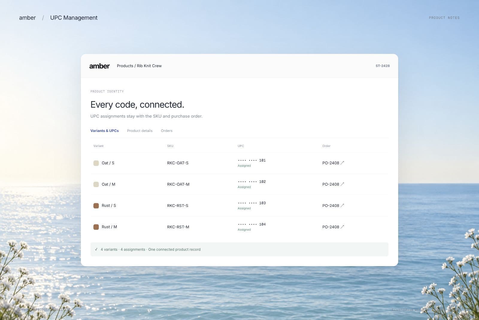 Illustrative UPC workflow: assignments remain connected to the product variant and purchase order.